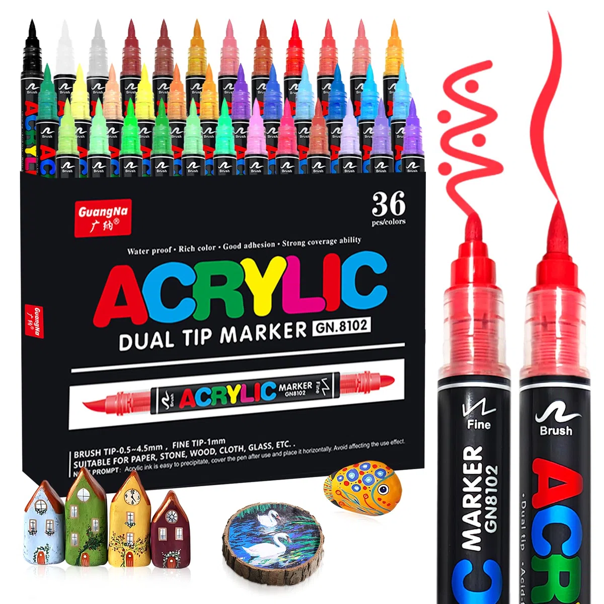 VAKKI Pennarelli Acrilici, 36 Colori Pennarelli Acrilici Doppia Punta 4.0g Acrylic Marker per Dipingere Sassi, Tessuti, Metallo, Vetro, Legno, Tela, Ceramica, Plastic, pennarelli per colorare adulti