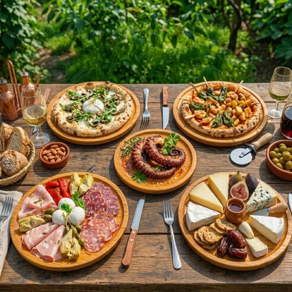 12 Piatti per Servire Polpo, Pizza, Carne, Formaggio - Set da 12 Piatti in Legno - Piatti di Presentazione - 12 cm