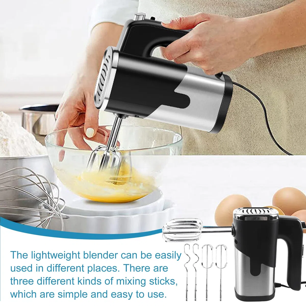 Frullatore a mano, 800 W, miscelatore elettrico a mano, mixer con 4 accessori in acciaio inox, 5 livelli di regolazione, impastatore manuale in acciaio inox, mixer manuale, mixer da cucina,