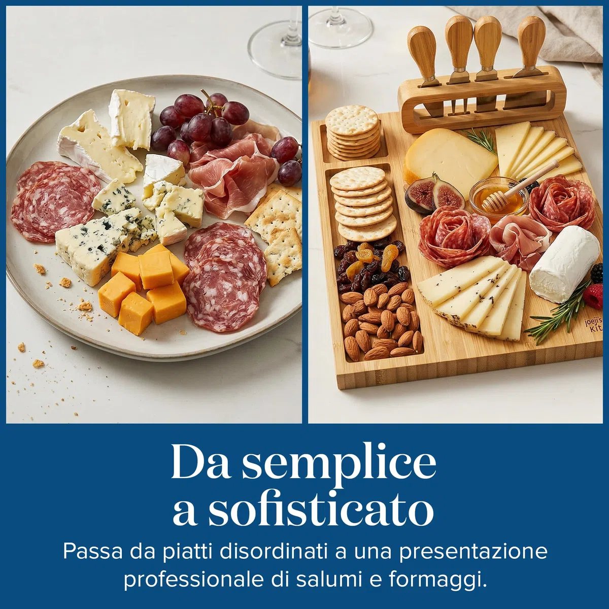 joeji's Kitchen Tagliere per Formaggi Aperitivo in Legno di Bambù - Set formaggio e coltelli con Quattro Utensili - Regali di Natale, regali di inaugurazione della casa, regali di anniversario