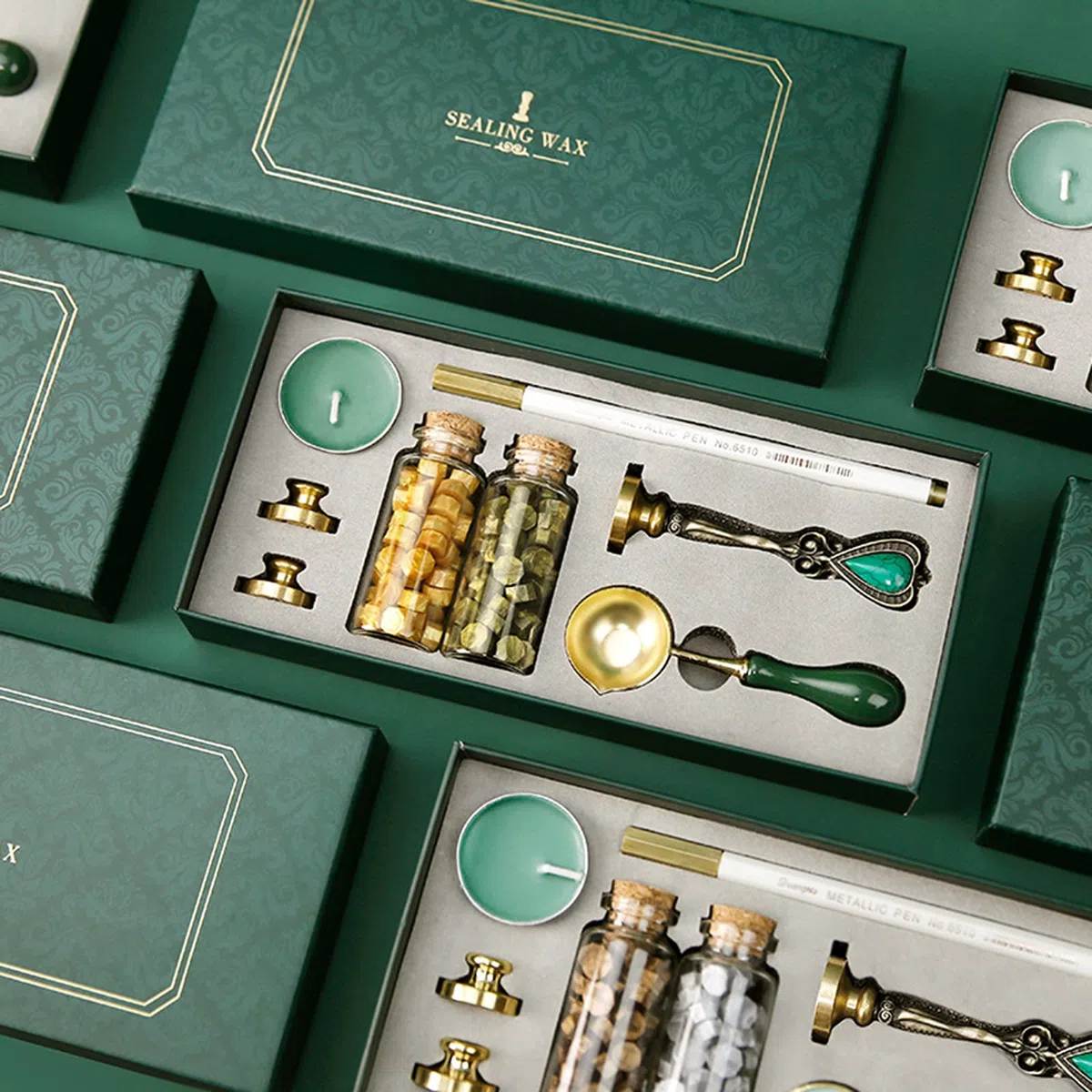 Joyeee - Set di timbri per cera con confezione regalo, con sigillo di cera con candele, cucchiaio per fusione, timbro classico e penna a colori metallizzati per matrimoni, biglietti, inviti #49