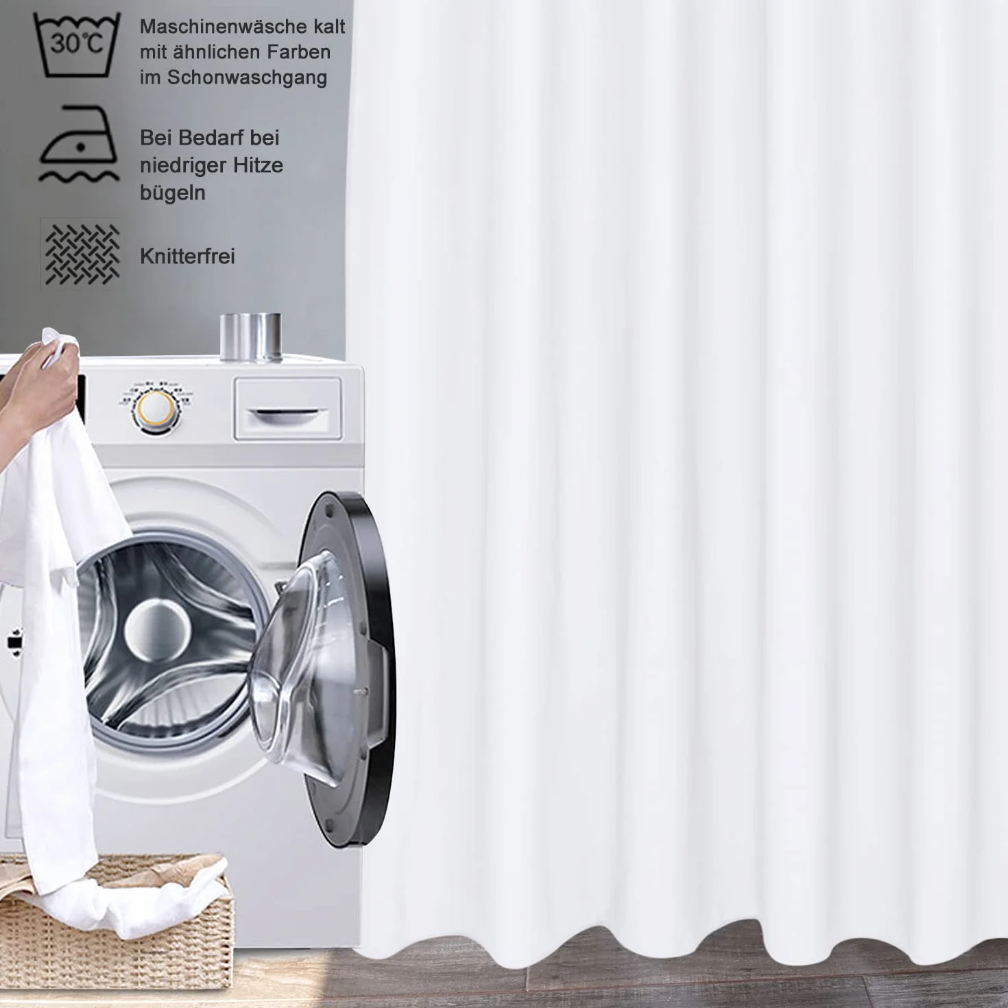EurCross Tenda da doccia bianca sottile, 150 x 200 cm, in tessuto antimuffa, impermeabile, lavabile, tenda da doccia in bagno, per vasca da bagno con 10 anelli
