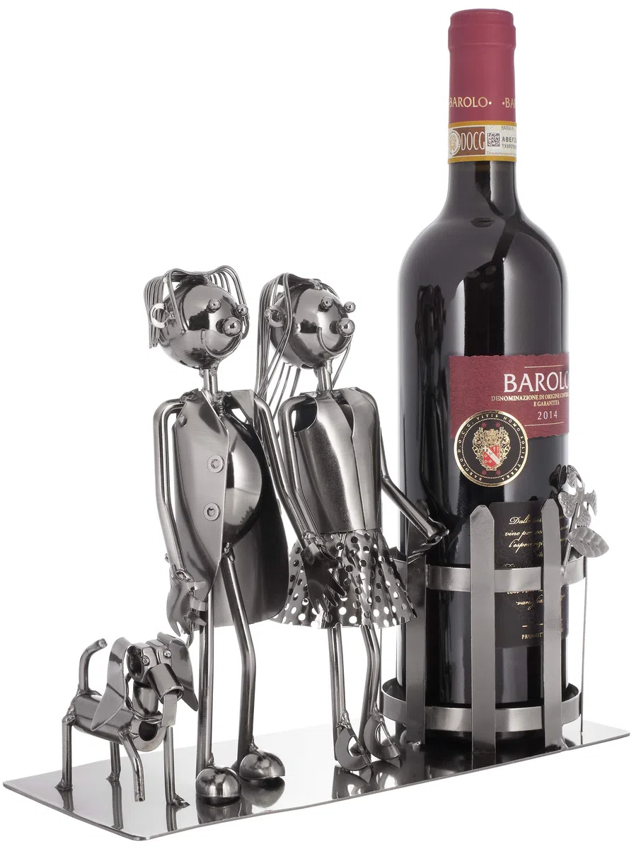 Brubaker Coppia Portabottiglie Vino con Cane - Oggetto Decorativo - Supporto per Bottiglie di Metallo - con Biglietto d'Auguri per il Vino Regalo