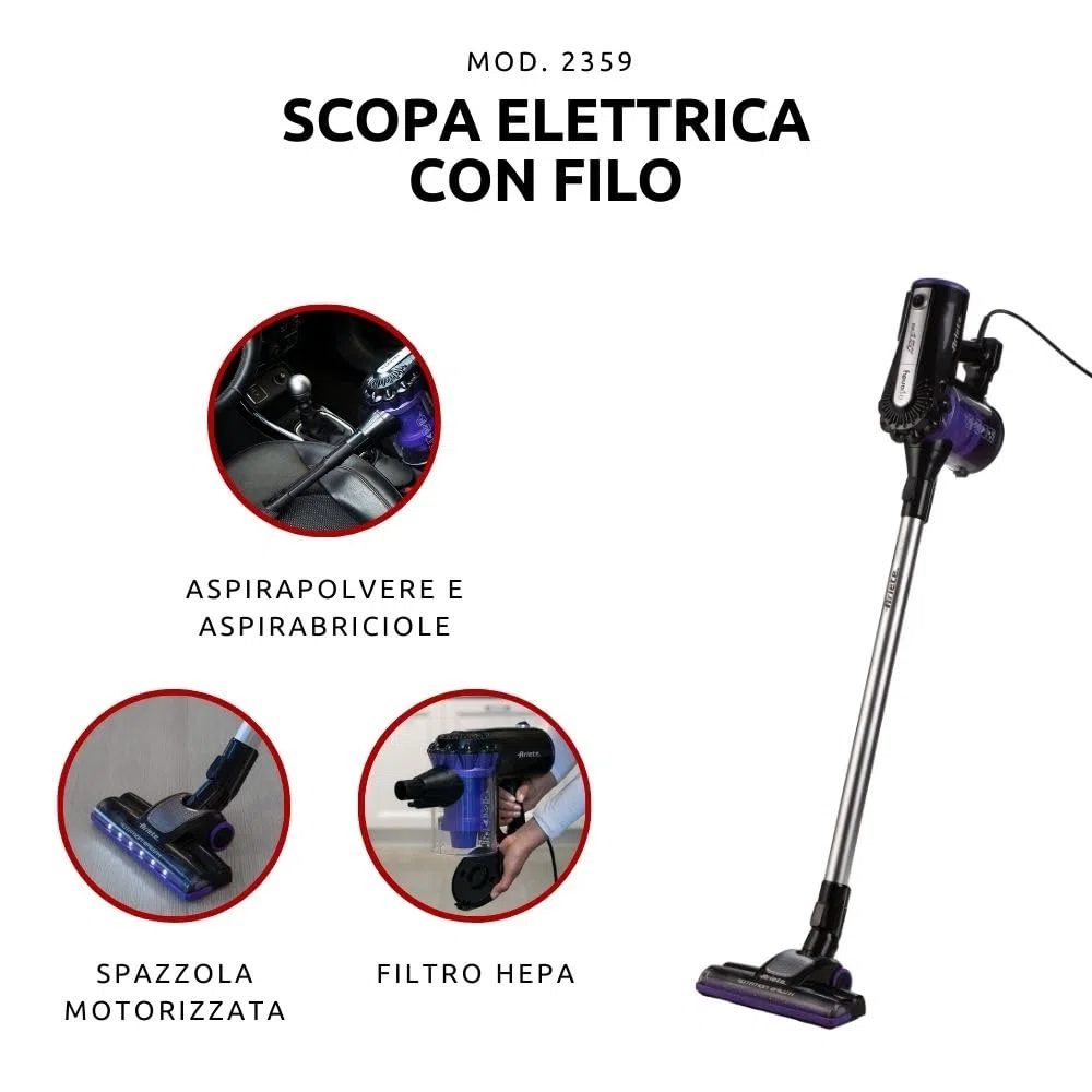 Ariete 2359 Handy Force RBT, Scopa elettrica con Filo 2 in 1 aspirapolvere e aspira briciole, 600W, Filtro HEPA, Tecnologia ciclonica Senza Sacco, Spazzola motorizzata, Viola
