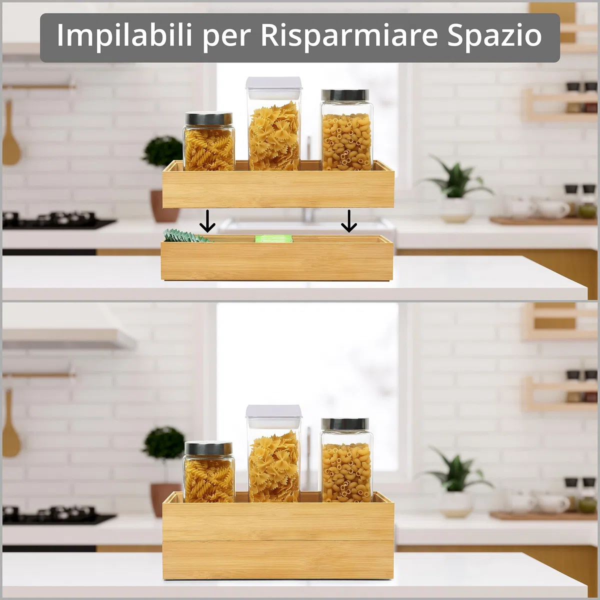 Winter Shore Organizer Cassetti Cucina in Bambù [2 Set] - Portaposate Legno Naturale Impilabili - Porta Posate Cucina Cassetto Grande per Dispensa e Argenteria - 15,5 x 6,5 x 38,5 cm