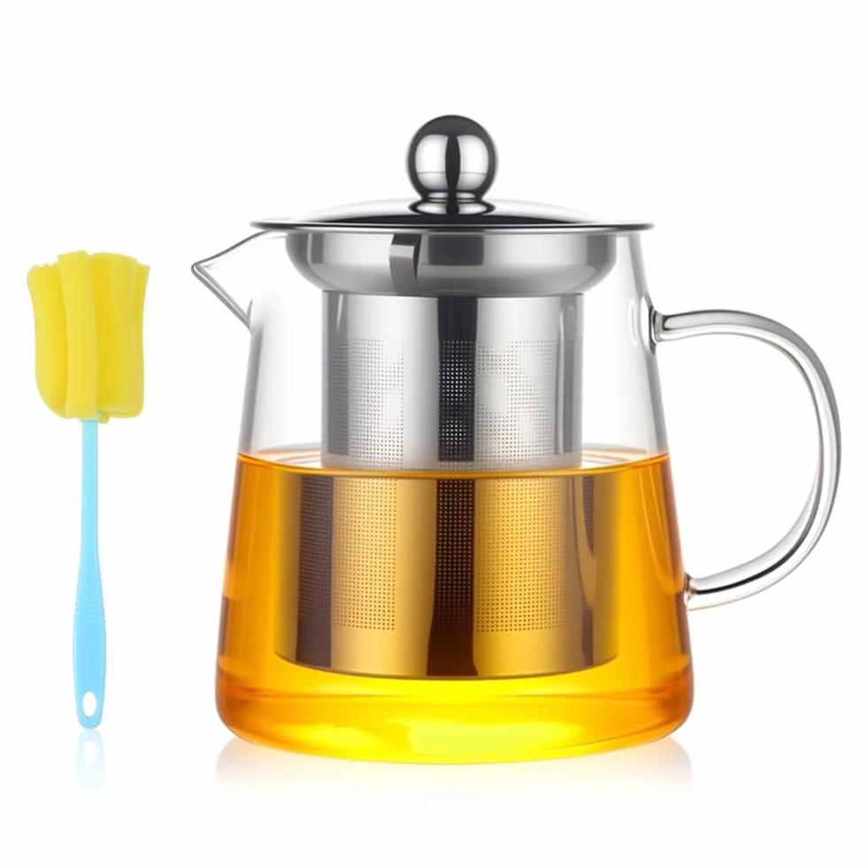 Teiera con Infusore da 450ml Teiera in Vetro Borosilicato con Filtro in Acciaio Inox Teier a in Vetro Resistente al Calore con Pennello per Pulizia per Foglie di Tè Sfuso, Tisane e Caffè