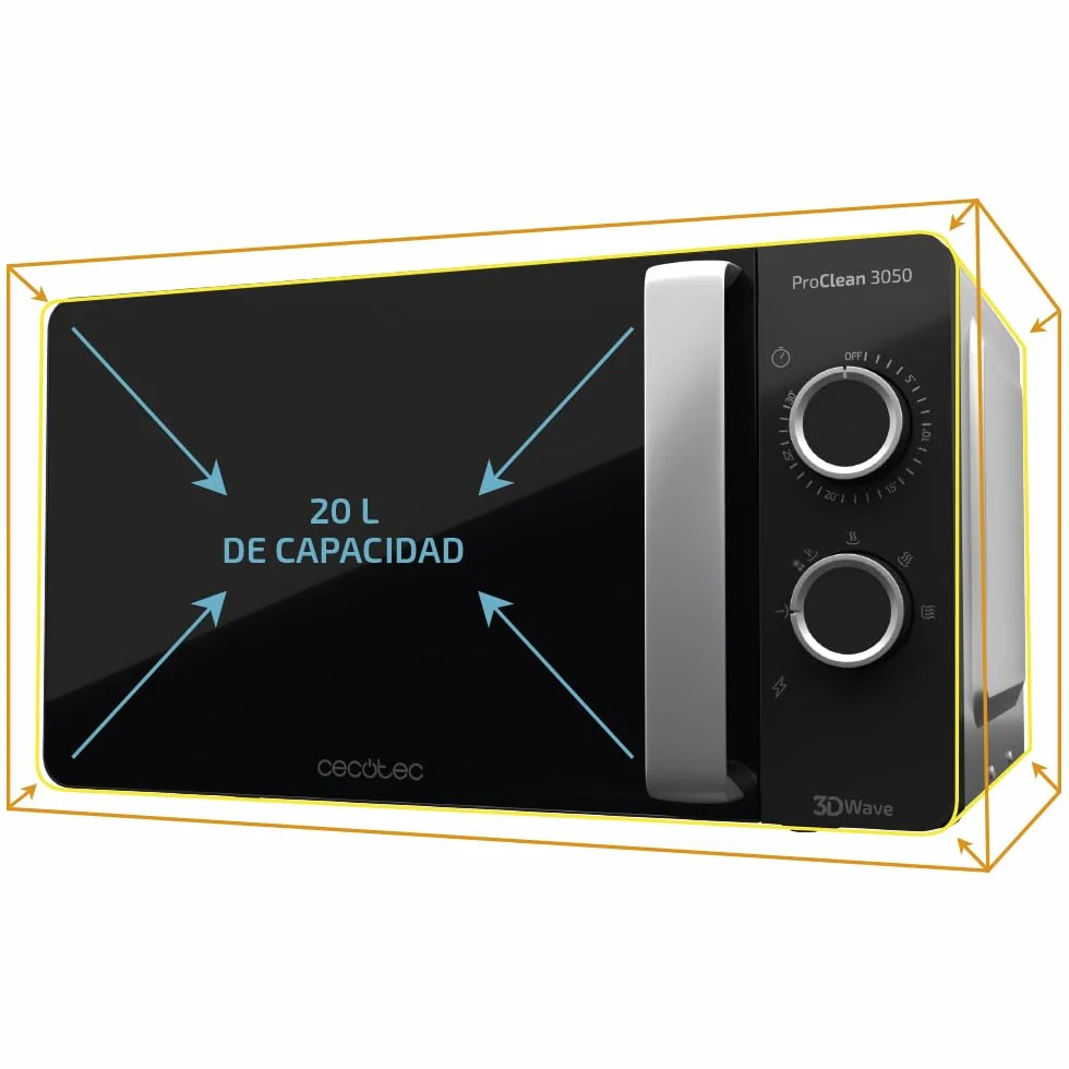 Cecotec Forno a Microonde ProClean 3050 Capacità 20 L, rivestimento Ready2Clean, potenza 700 W, 6 livelli operativi, timer 30 min, modalità scongelamento, colore nero e argento