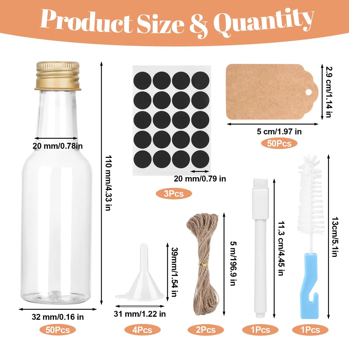 50 Pezzi Mini Bottiglie Alcolici Bomboniere, Bottigliette Liquore Mignon da 25-30 ml, Piccole Bottiglie di Plastica con Penna, Etichette, Imbuto e Pennello per Matrimoni, Feste e Whisky