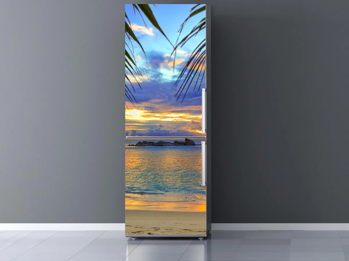 Oedim Vinile Frigorifero Crepuscolo in Spiaggia Tropicale, Vinile Premium, 200 x 70 cm | Adesivo resistente e di facile applicazione | Adesivi per frigorifero economici ed eleganti | Vinile