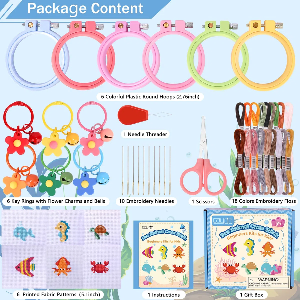 Caydo 6 Pezzi Kit di Punto Croce con Animali Marini per Bambini con Tessuto Aida Stampato, Cerchi per Ricamo, Portachiavi, Strumenti per Ricamo per Principianti Fai-da-te Ornamento Artigianale