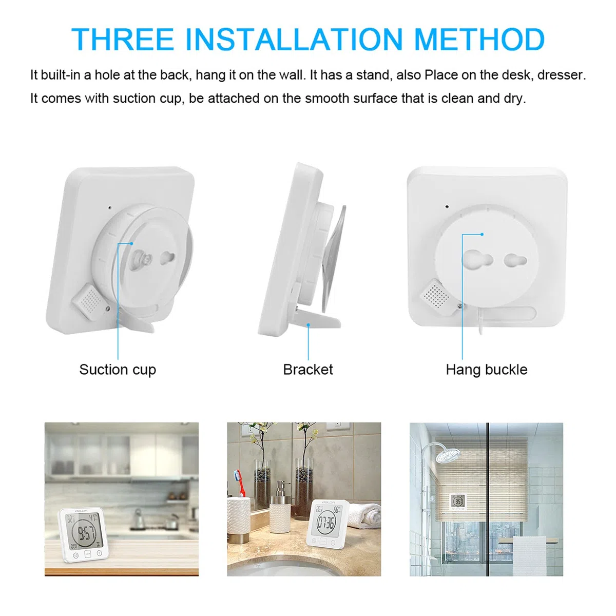 ALLOMN Orologio da Bagno, Doccia Orologio Allarme Impermeabile Toccare Controllo ℃/℉ umidità Temperatura, Timer per il Conto Alla Rovescia, 3 Metodi di Montaggio, Alimentazione a Batteria (Bianca)