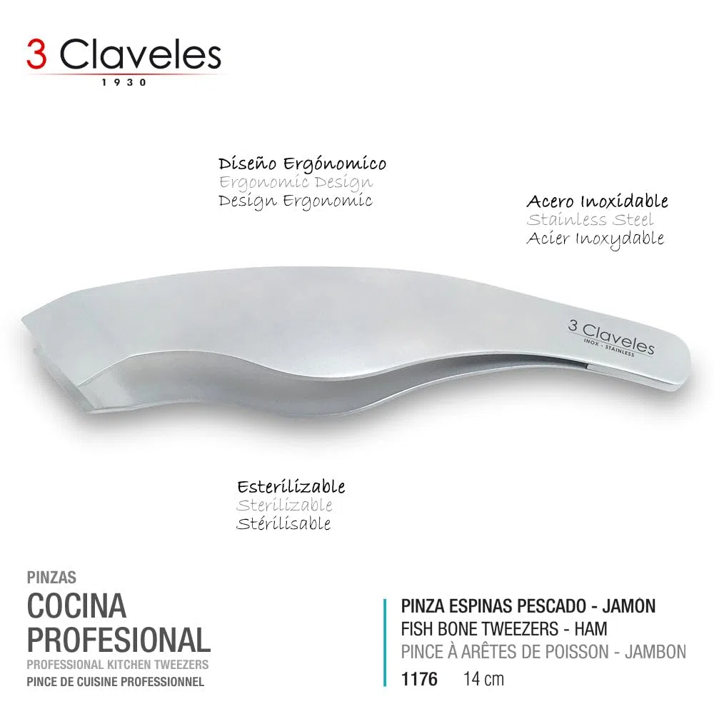 3 CLAVELES Pinza ESPINAS PESCADO-Jamon 14 cm. D 3C 01176, Acciaio Inox, Acero Inoxidable, 24.3x7.8000000000000007x0.5 cm