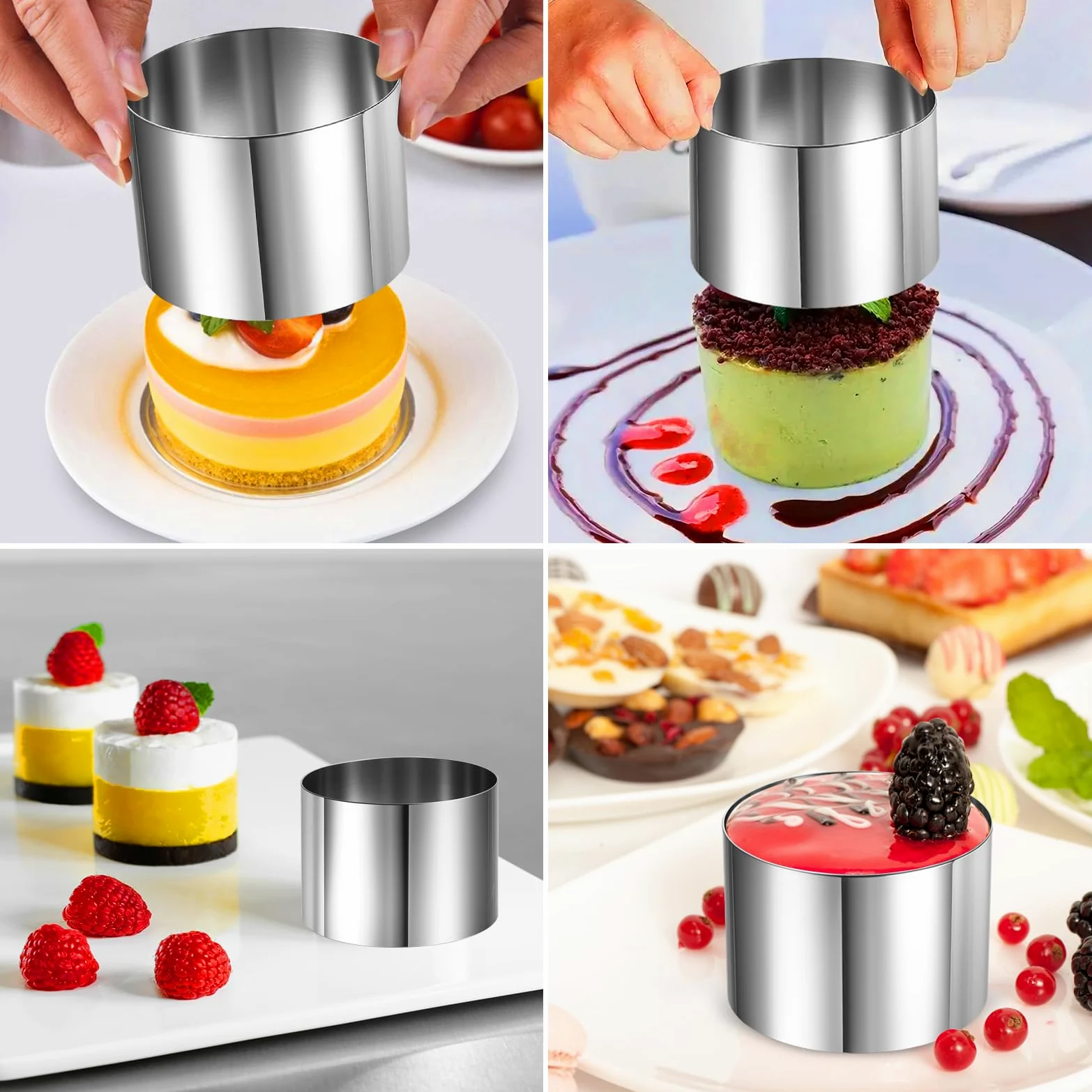 Set di 8 anelli da dessert e fedi nuziali, in acciaio inox, diametro 7,5 cm, con coperchio, base e stencil, forma rotonda per tortine