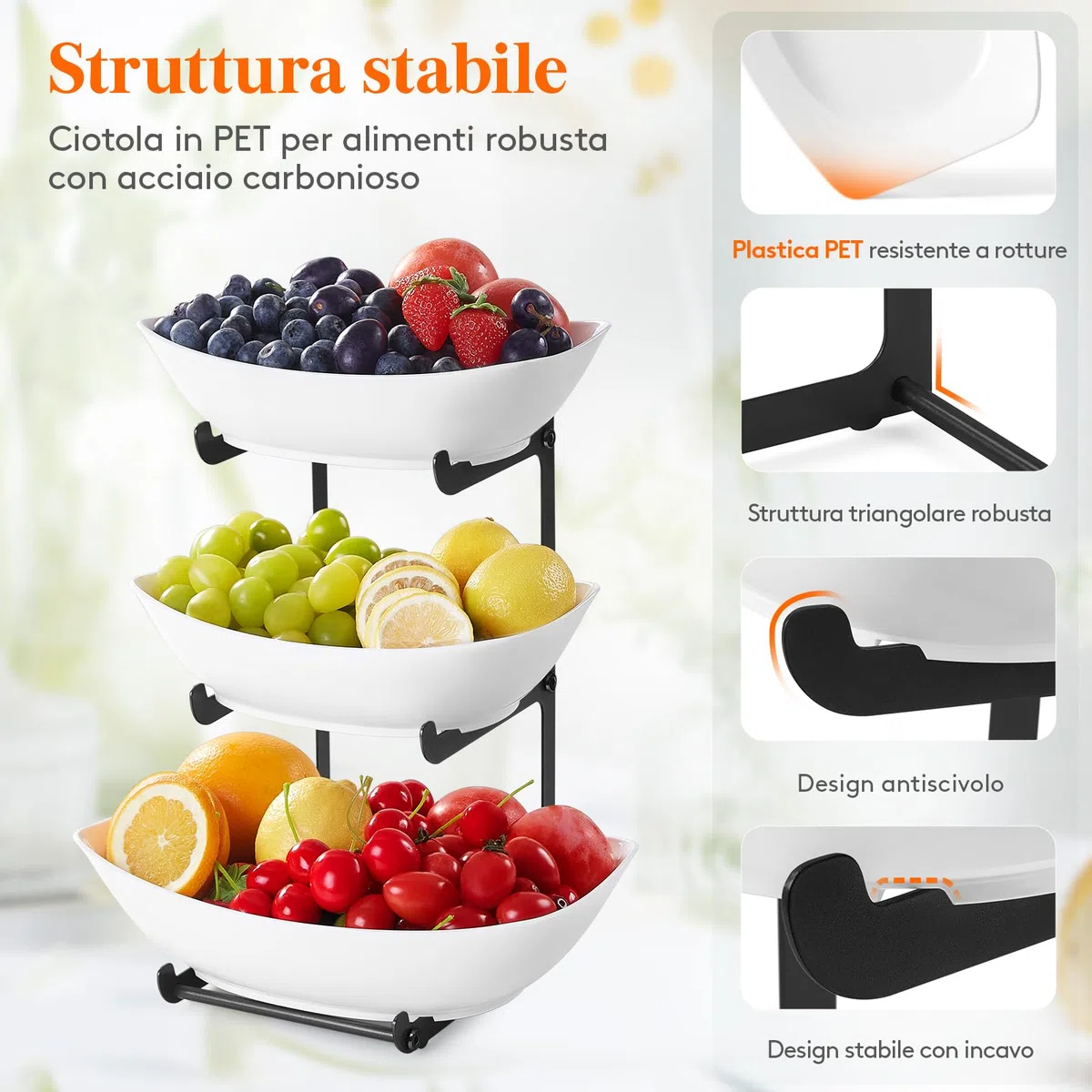 Lifewit Cestino per Frutta in Plastica a 3 Livelli Piano Cucina, Portafrutta con Supporto in Metallo Nero, Vassoio da Portata per Cibo, Verdure, Torte e Dessert per Feste, 28 x 35 cm, Nero