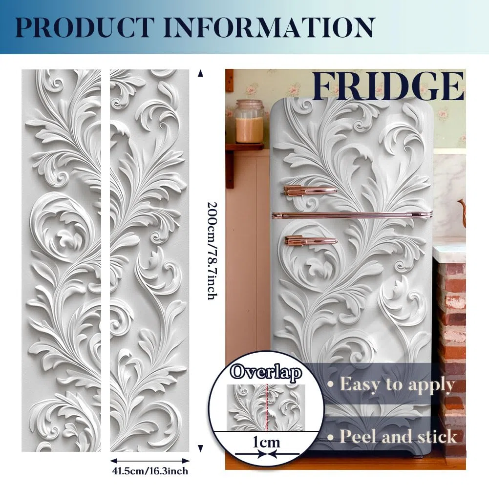 2 pezzi bianco goffrato motivi rimovibili Frigorifero Wraps, autoadesivo Frigorifero Porta Murale Frigorifero Congelatori Pannello Adesivo per Cucina Bar Decor 41,5 x 200 cm