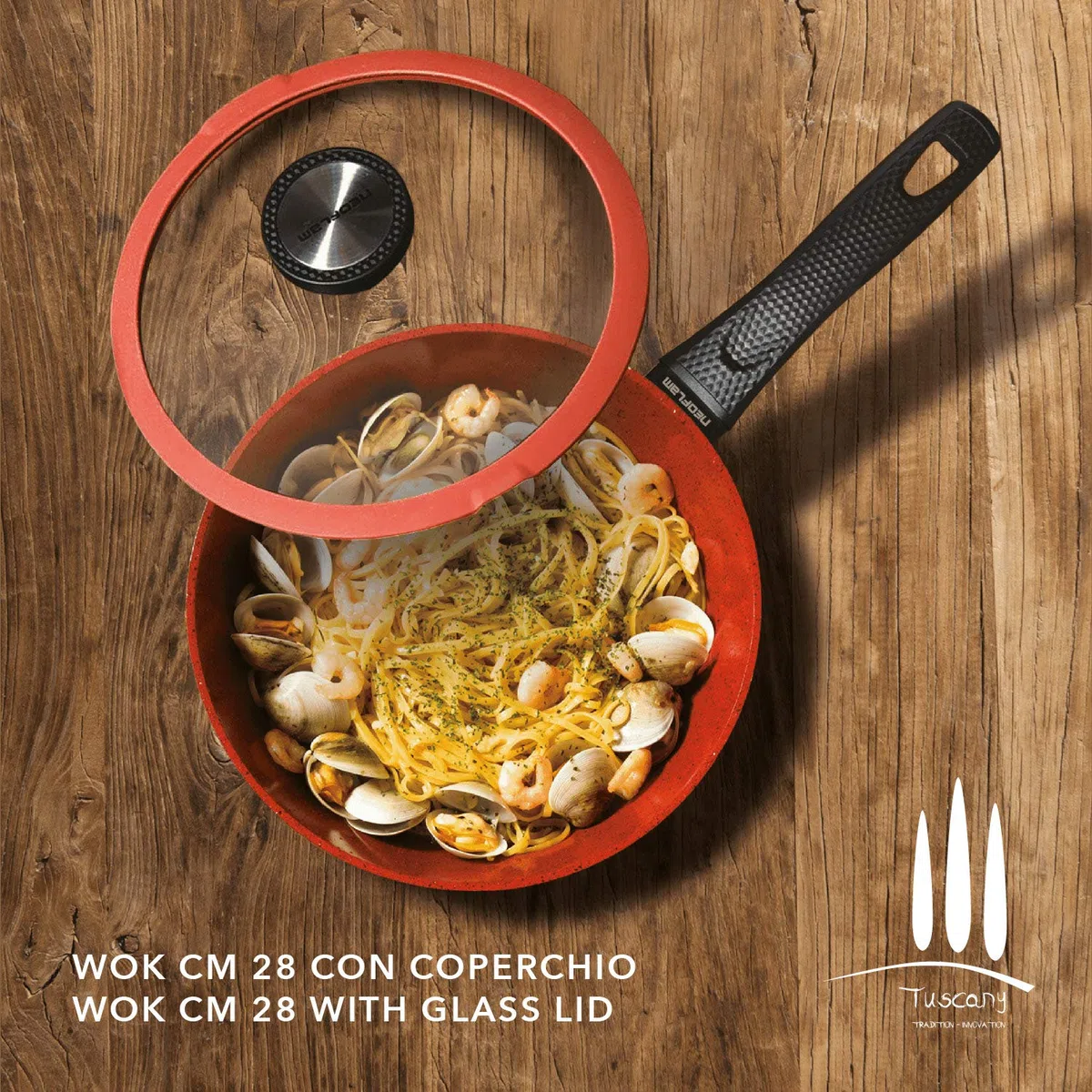CLASSE ITALY, Linea TUSCANY, Wok cm 28 - Antiaderente naturale a 5 strati, alta resistenza, senza PTFE, PFOA, PIOMBO, CADMIO, per Induzione e Fiamma