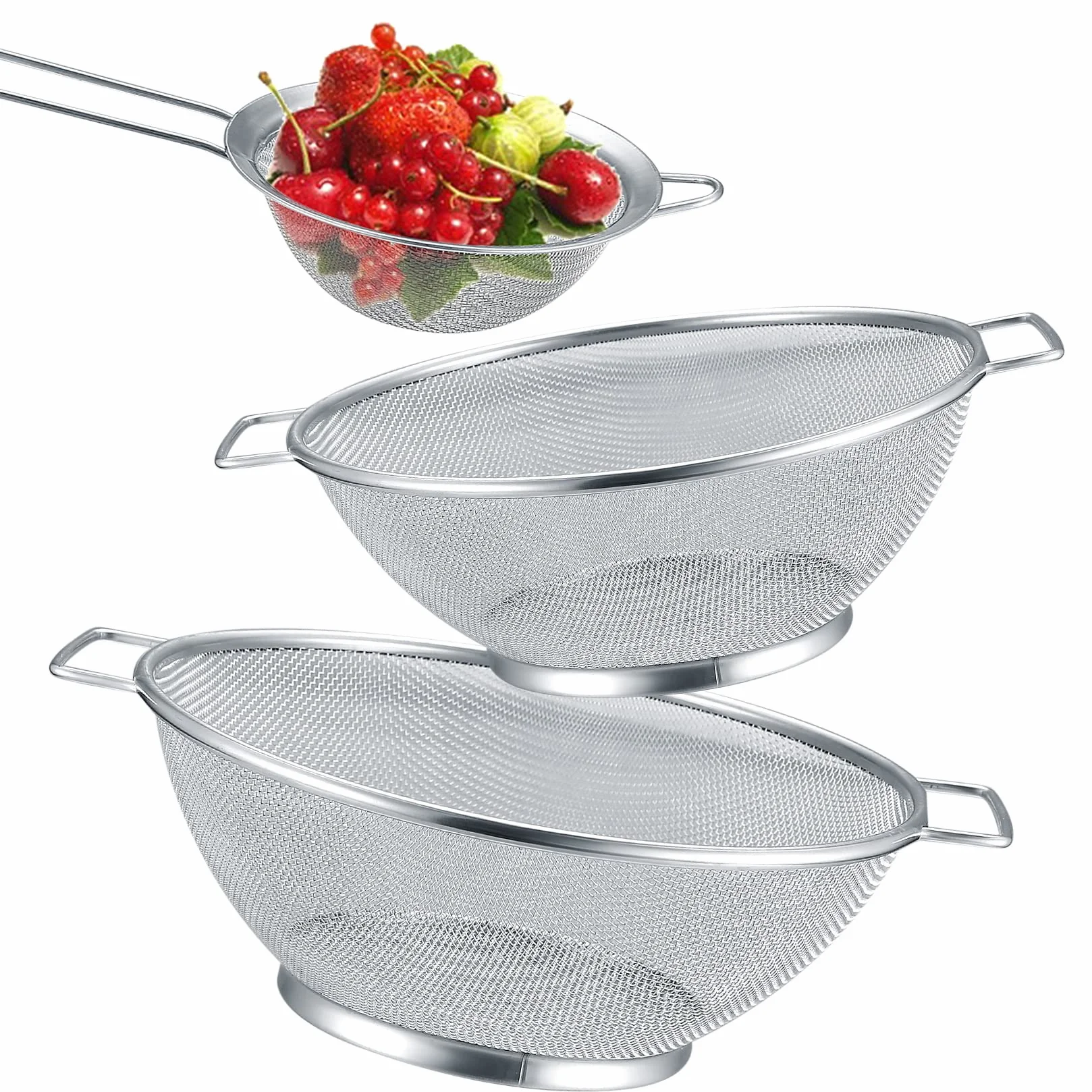 3 Pz Setaccio in Acciaio Inox, Scolapasta Colino da Cucina in Acciaio Inossidabile, Colapasta in Rete Microforato con Doppio Manico, per Pasta Verdura Frutta Cibo, Ø 24,5 cm & Ø 21,5 cm