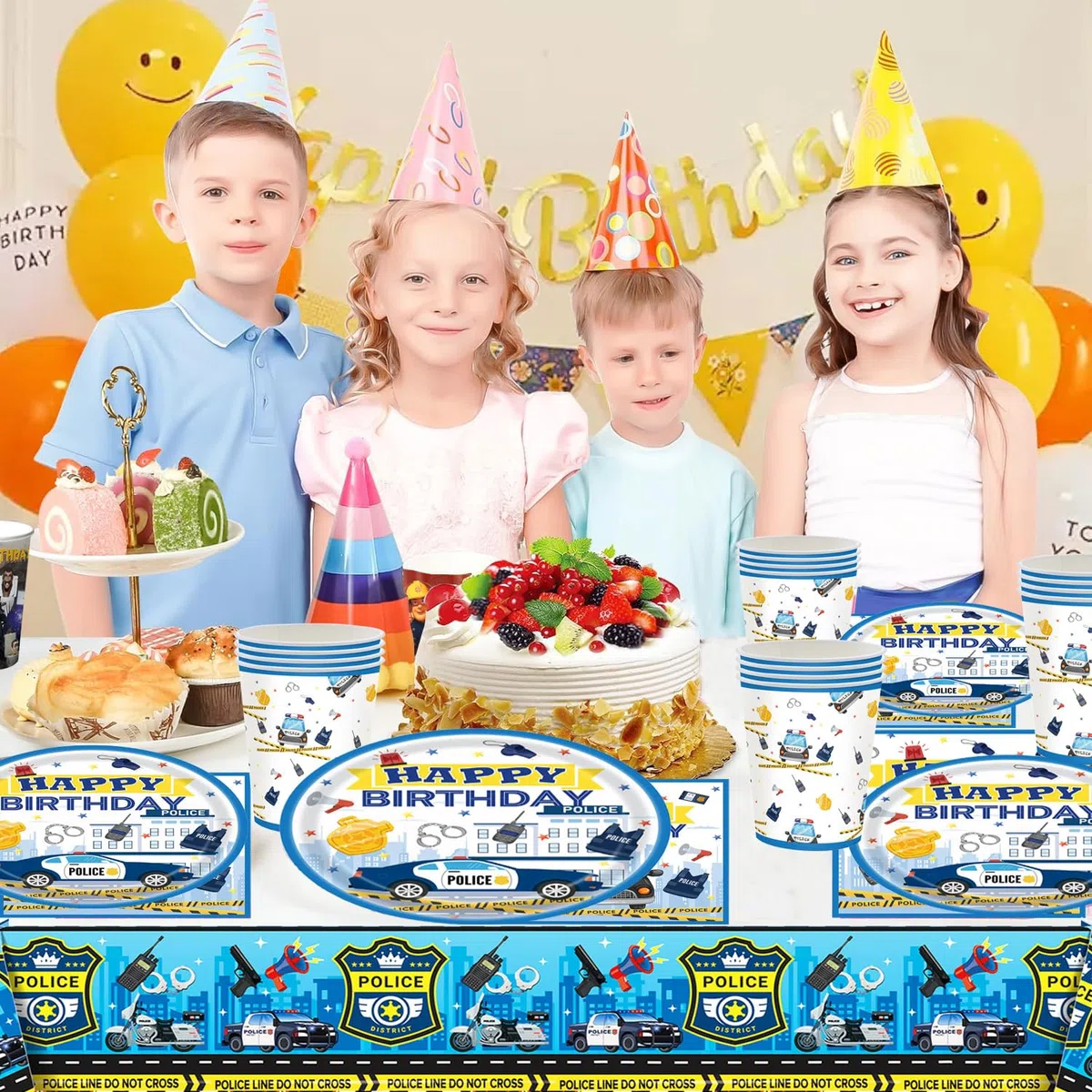 61 pezzi di stoviglie per festa di compleanno con auto della polizia, stoviglie per festa di compleanno per bambini, decorazioni a tema auto della polizia, tazze, piatti, stracci