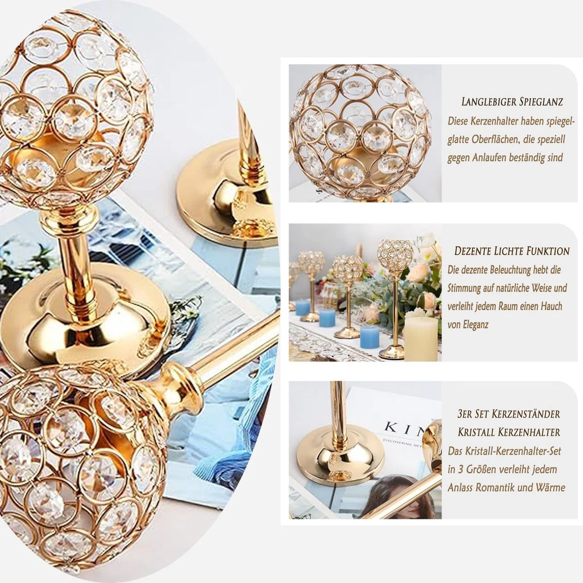 Set di 3 portacandele in cristallo dorato, per tavolo di nozze e decorazioni natalizie, 17/22/27 cm, decorazione da tavolo per cena
