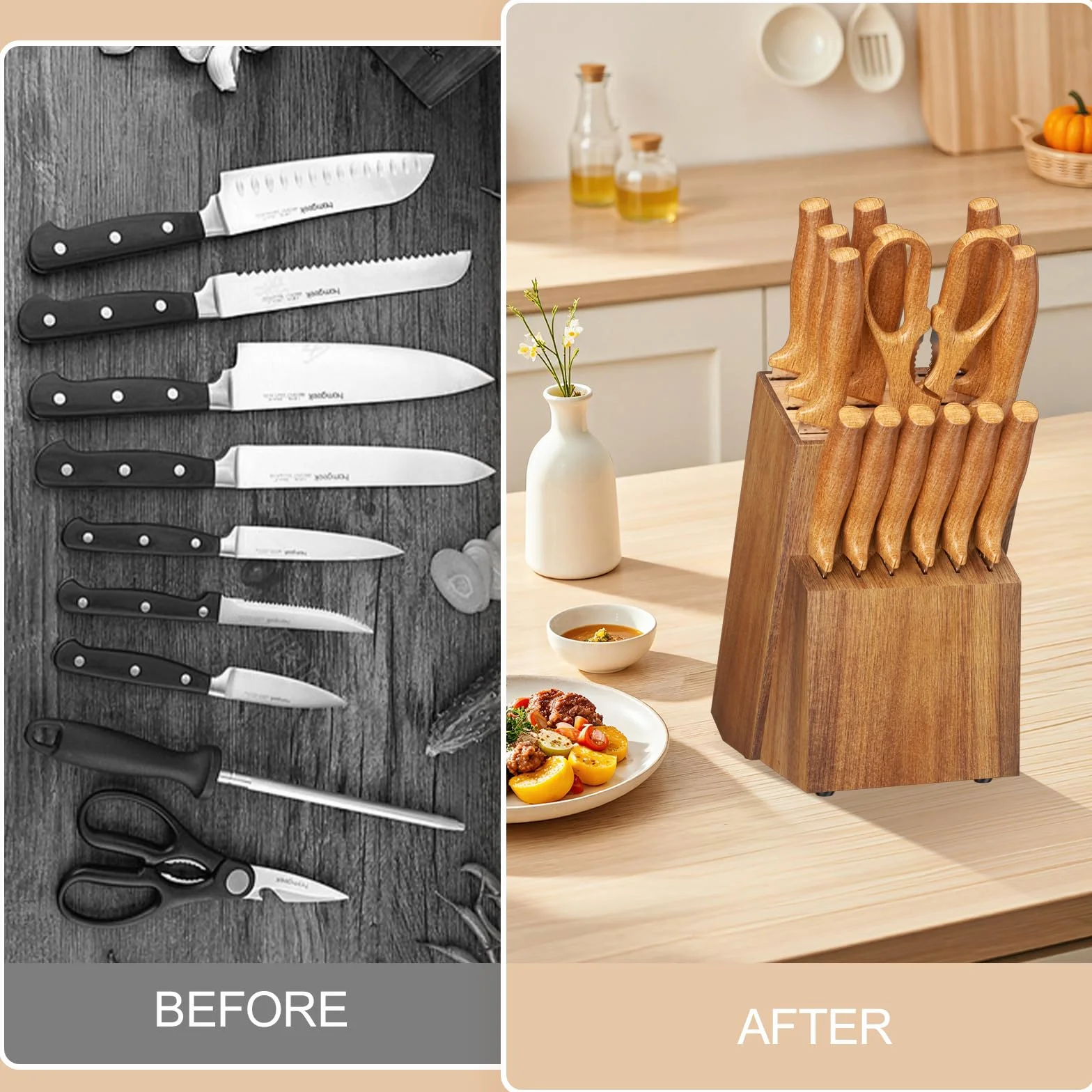 Ceppo Coltelli da Cucina, Ceppo in Legno Con 14 Scomparti, Affilacoltelli e Forbici Incluso, Porta Coltelli Cucina, Blocco Portacoltelli Senza Coltello, Base Antiscivolo, Universale, Pino