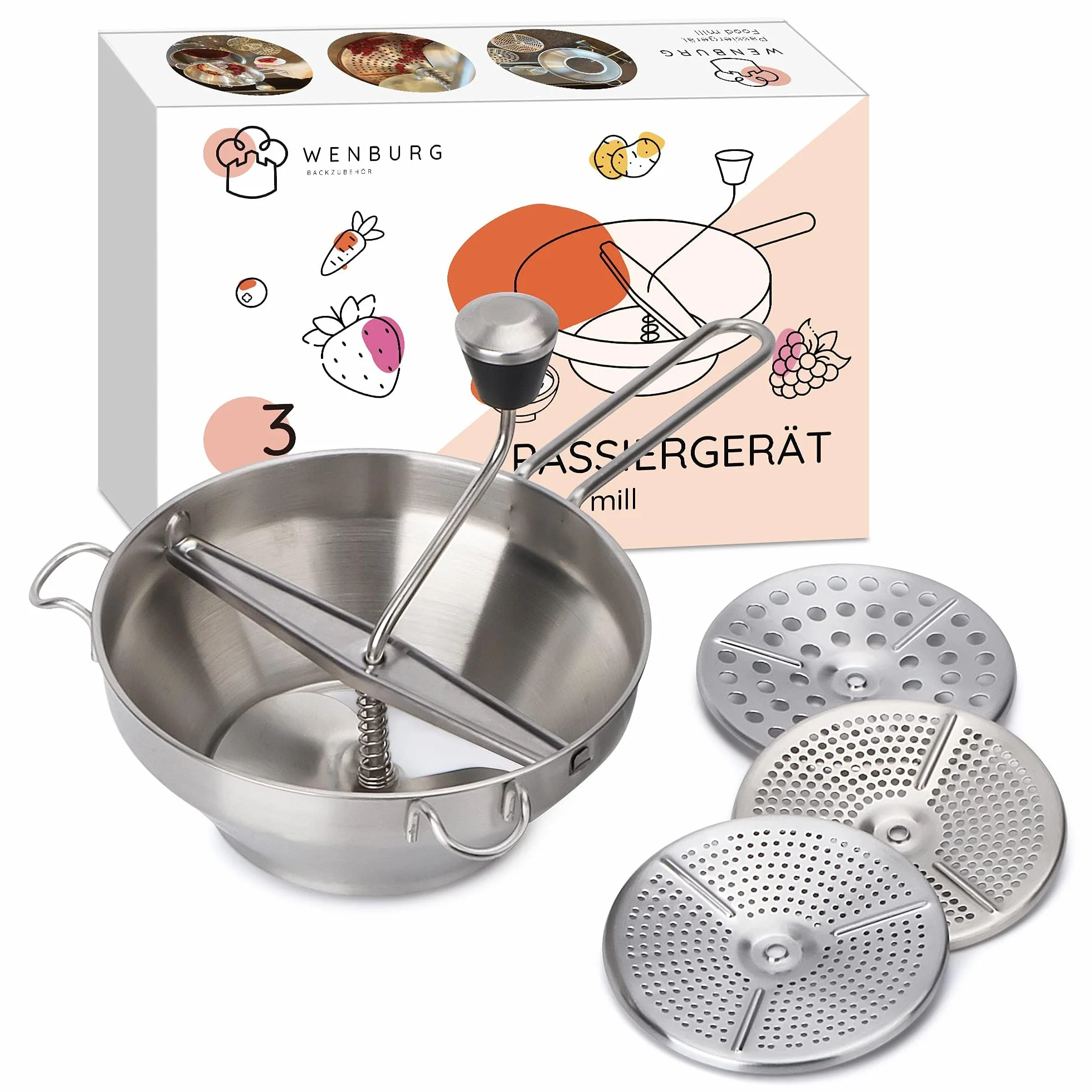 Wenburg Facile da usare Passaverdure Manuale Acciaio Inox - Versatile Passatutto Acciaio Inox con 3 Setaccio - Lavabile in Lavastoviglie - Passaverdura per Filtrare Frutta e Verdura (19,5 cm)