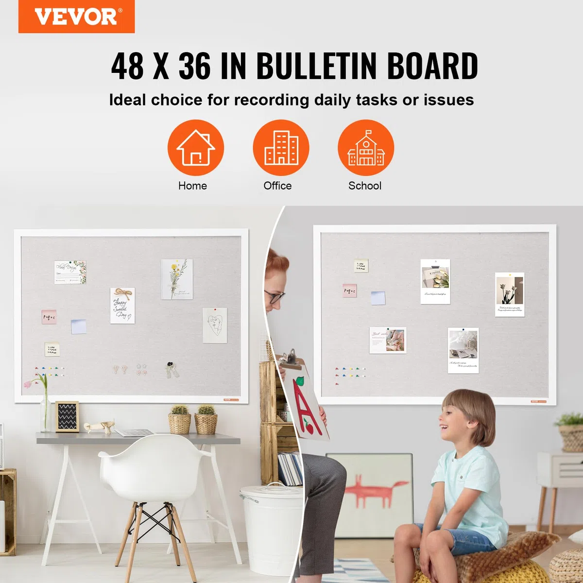VEVOR Bacheca in sughero bianco 120 x 90 cm con finitura in lino, Bacheca montata a parete per casa, scuola, ufficio, biblioteca, Bacheca da muro per decorazione insegnamento superficie in lino
