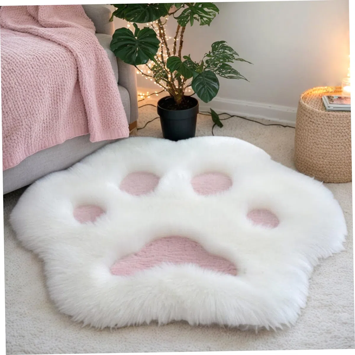 Jorzer Tappeto a pelo lungo bianco con zampa di gatto, 61 x 61 cm, antiscivolo, delicato sulla pelle, traspirante, in poliestere, decorazione per camera da letto, soggiorno