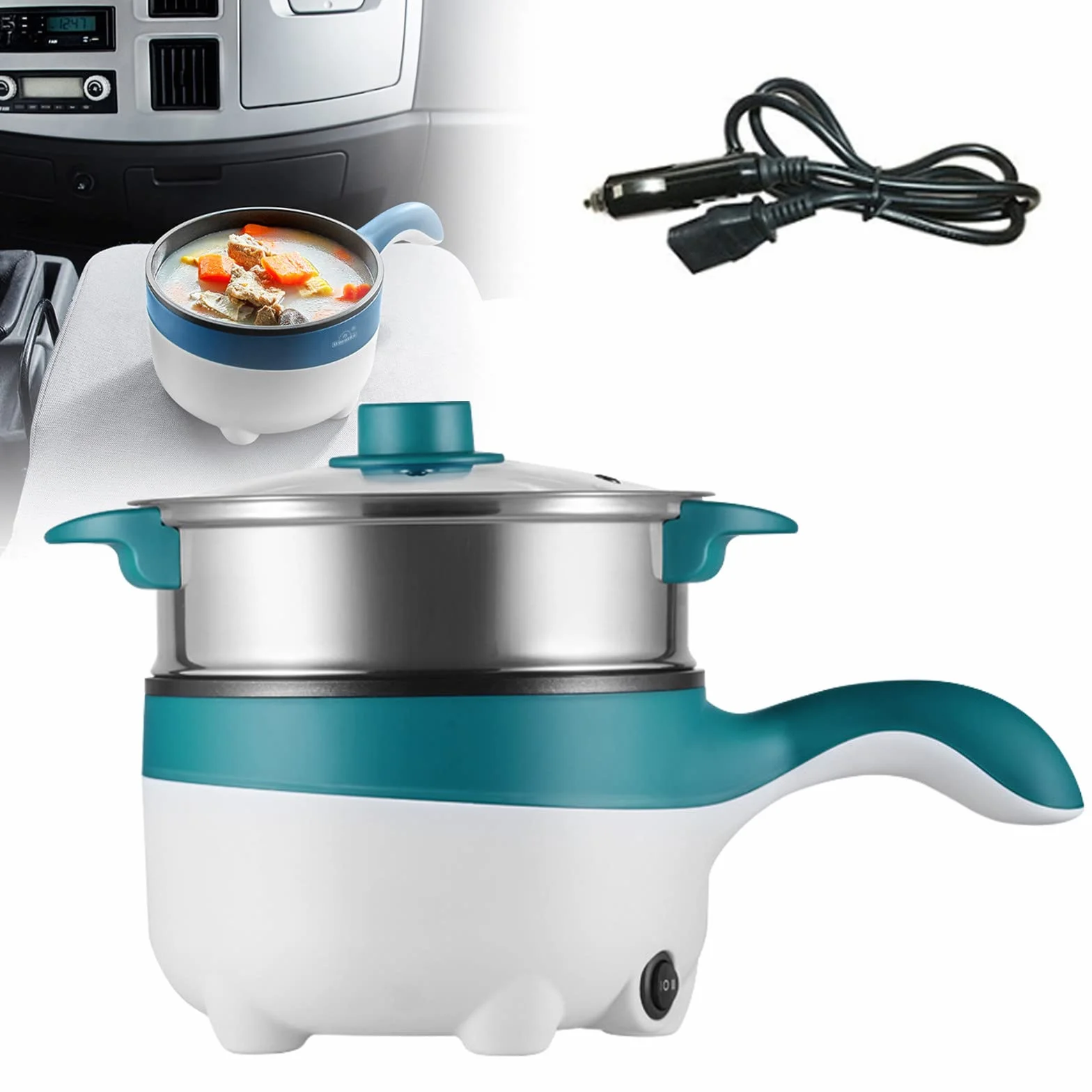 Padella Elettrica Per Auto 12V/24V con Cottura a Vapore, Padella Elettrica Antiaderente da 2 Litri da 18cm, Mini Fornello Elettrico da Viaggio per Pasta, Noodles, Verdure, Carne, Uova,12VGreen