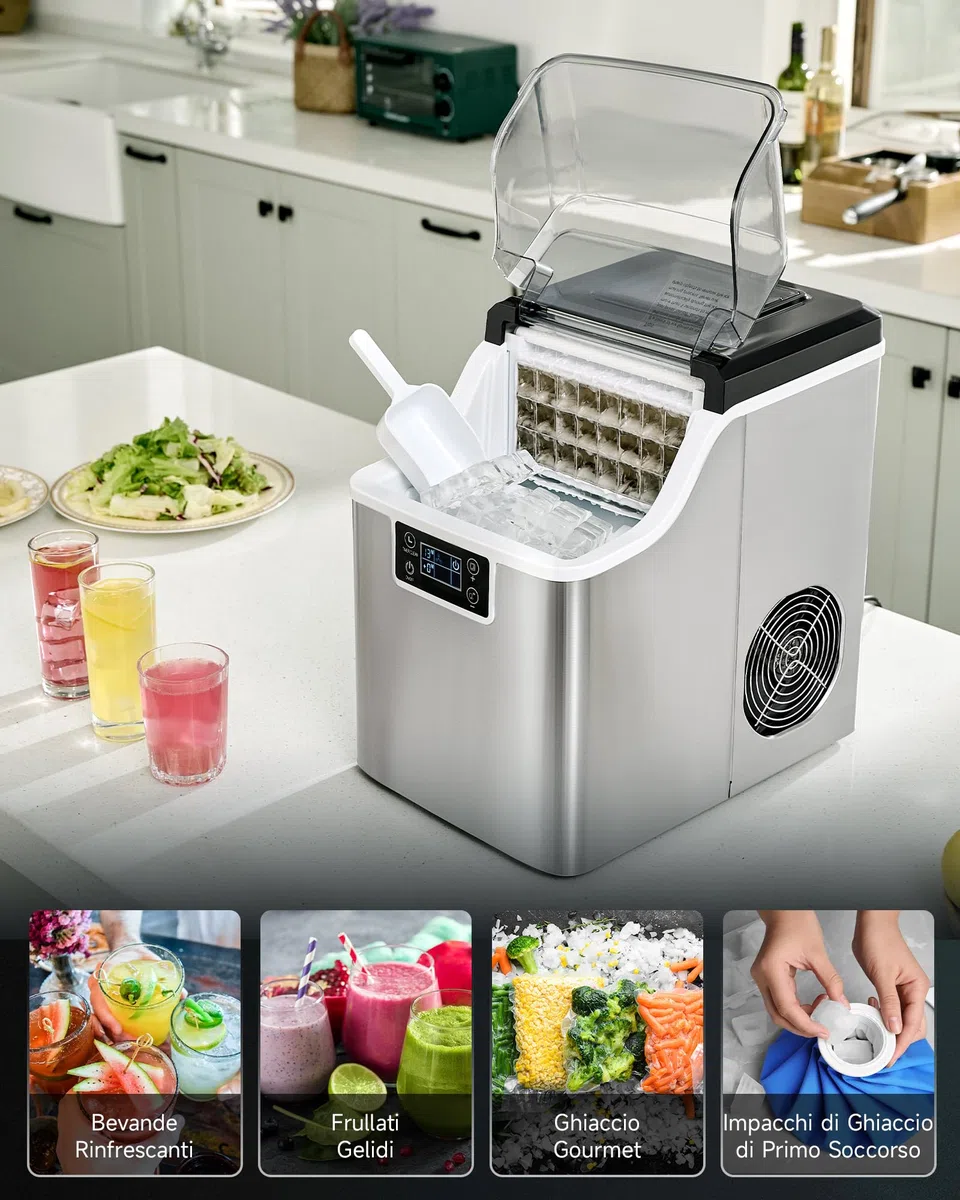 CREWORKS Macchina Ghiaccio 22kg/24 Ore Fabbricatore Ghiaccio 24 Cubetti in 11-20 Minuti Serbatoio 3.2L Macchina per Ghiaccio Autopulente con LCD Pannello per Casa Ufficio Bar Ristorante