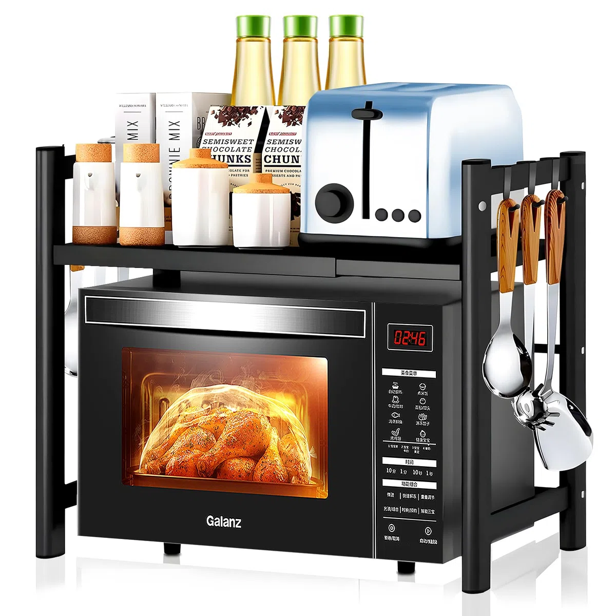Mensola espandibile a 2 livelli, per microonde, per cucina, con 6 ganci, flessibile, allungabile da 40 a 64 cm, organizer da cucina, colore nero