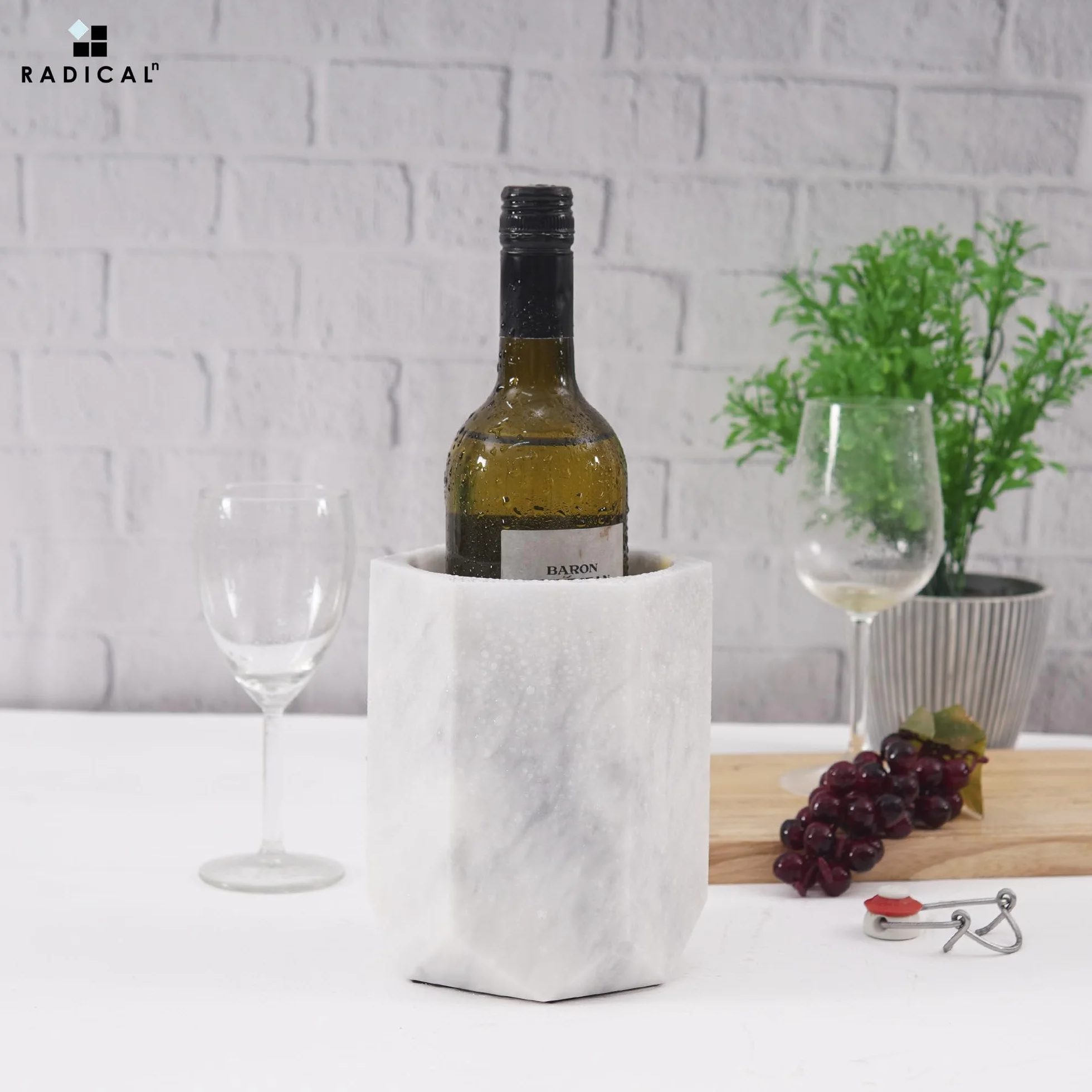 Radicaln Raffreddatore per vino in marmo bianco, 16,5 cm, fatto a mano, isolato, per champagne, portabottiglie e bevande per accessori da bar, portabottiglie per bar
