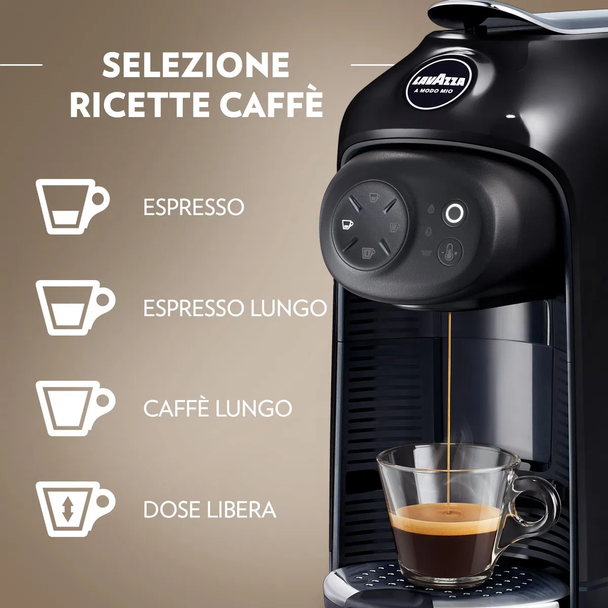 Lavazza, A Modo Mio Macchina per Caffè Idola Nera con 64 Capsule A Modo Mio Assortite, Macchina per Espresso Compatta e Silenziosa, 1500 W, 220-240 V, 50/60 Hz, Capacità Max 1.1 Litri d'Acqua
