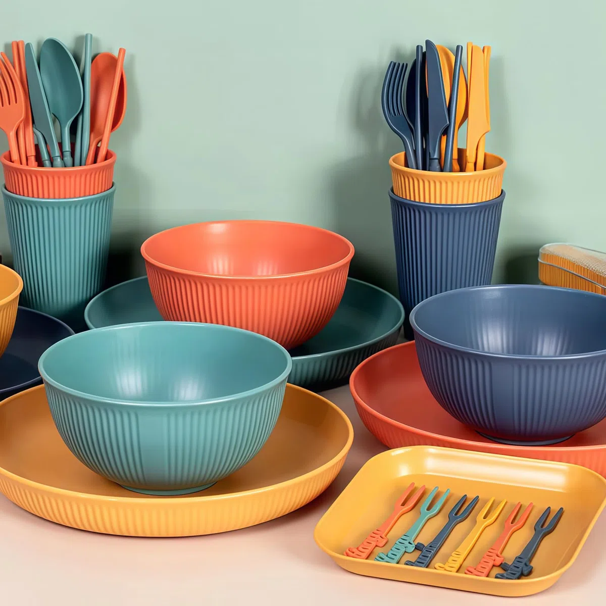 48 Pezzi Set di Stoviglie da Campeggio in Plastica Infrangibile, 8 Piatti, 4 Ciotole e 4 Tazze con Posate, Ideale per Picnic, Barbecue e Viaggi, Leggero e Resistente
