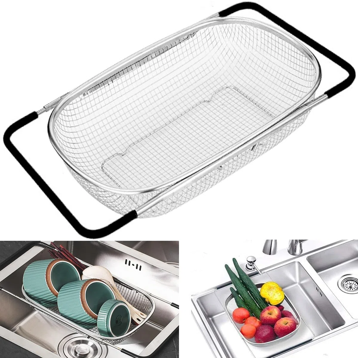 Scolapasta Acciaio Inox Da Lavello, Colino Cucina Per Il Lavaggio Di Verdura e Frutta, Estensibile, Utensili Da Cucina (Nero, Maglia)