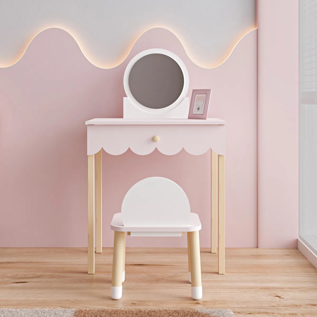 [en.casa] Set di Tavolo da Trucco per Cameretta con Specchio Rotondo e Sedia Tavolino da Toeletta Scrivania con Cassetto e Sgabello per Bambini - Rosa/Bianco
