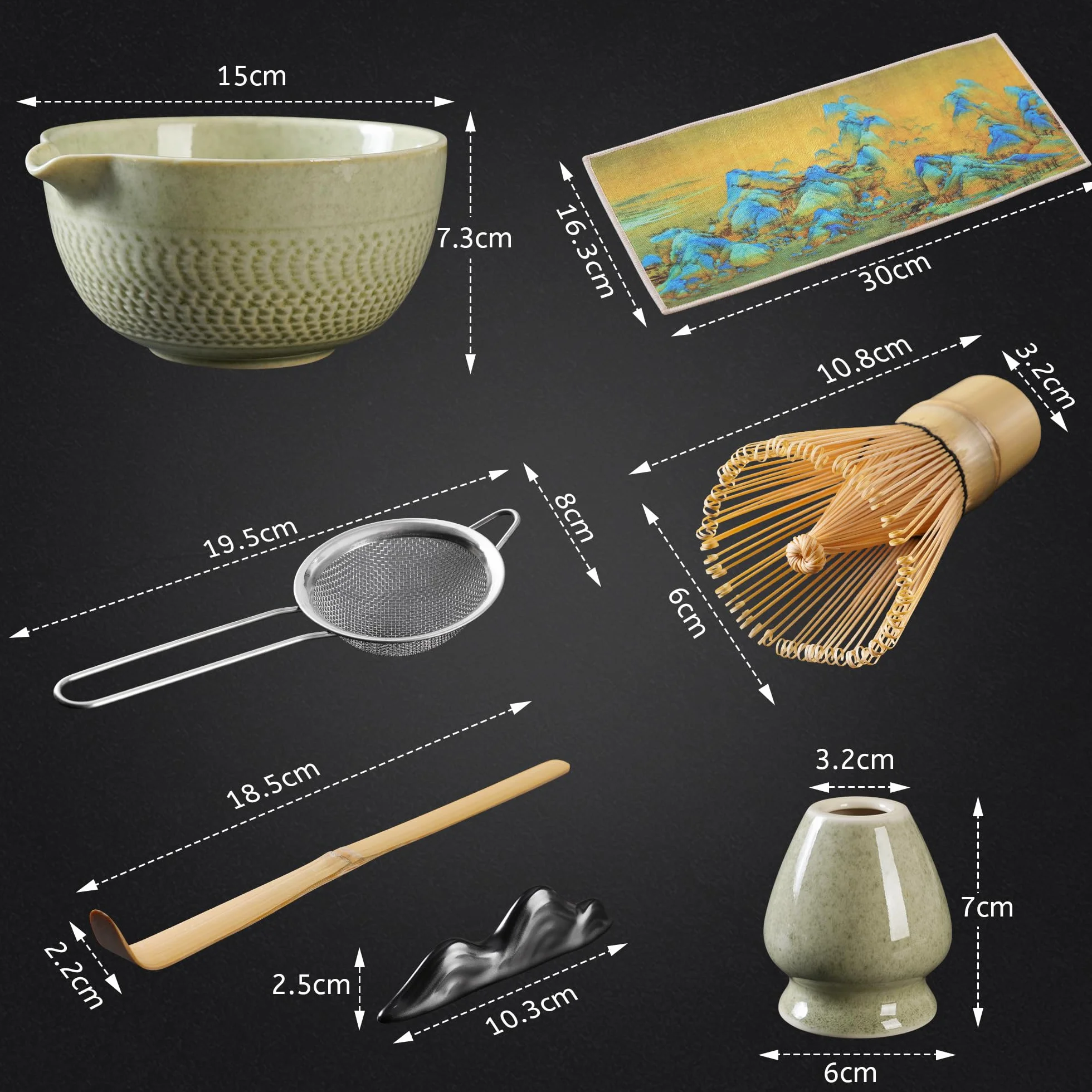 Set Matcha - 7 Pezzi Kit Cerimonia Completo con Frusta Matcha in Bambù Cucchiaio, Colino, Ciotola, Strofinaccio, Portacucchiaio e Supporto per Frusta - per Regalo Del Compleanno e Natale
