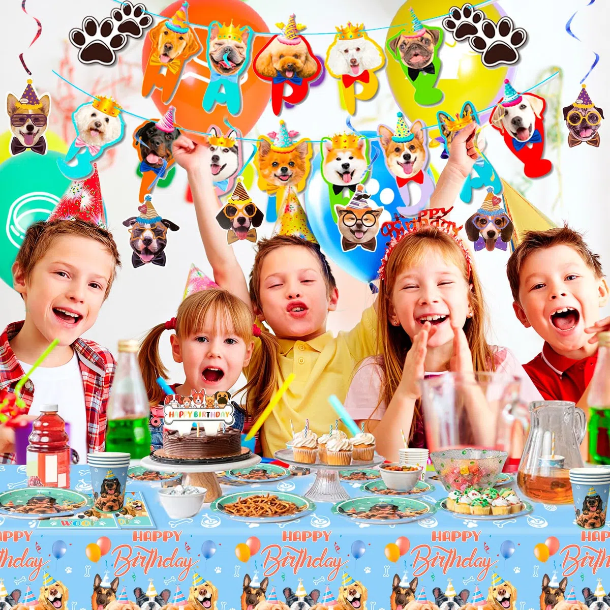 Festa di Compleanno di Tema del Cane,16ospiti Decorazione Stoviglie per Feste Cane Striscione Compleanno Palloncini Piatti Tovaglioli Tovaglia etc Forniture per Feste di cucciolo
