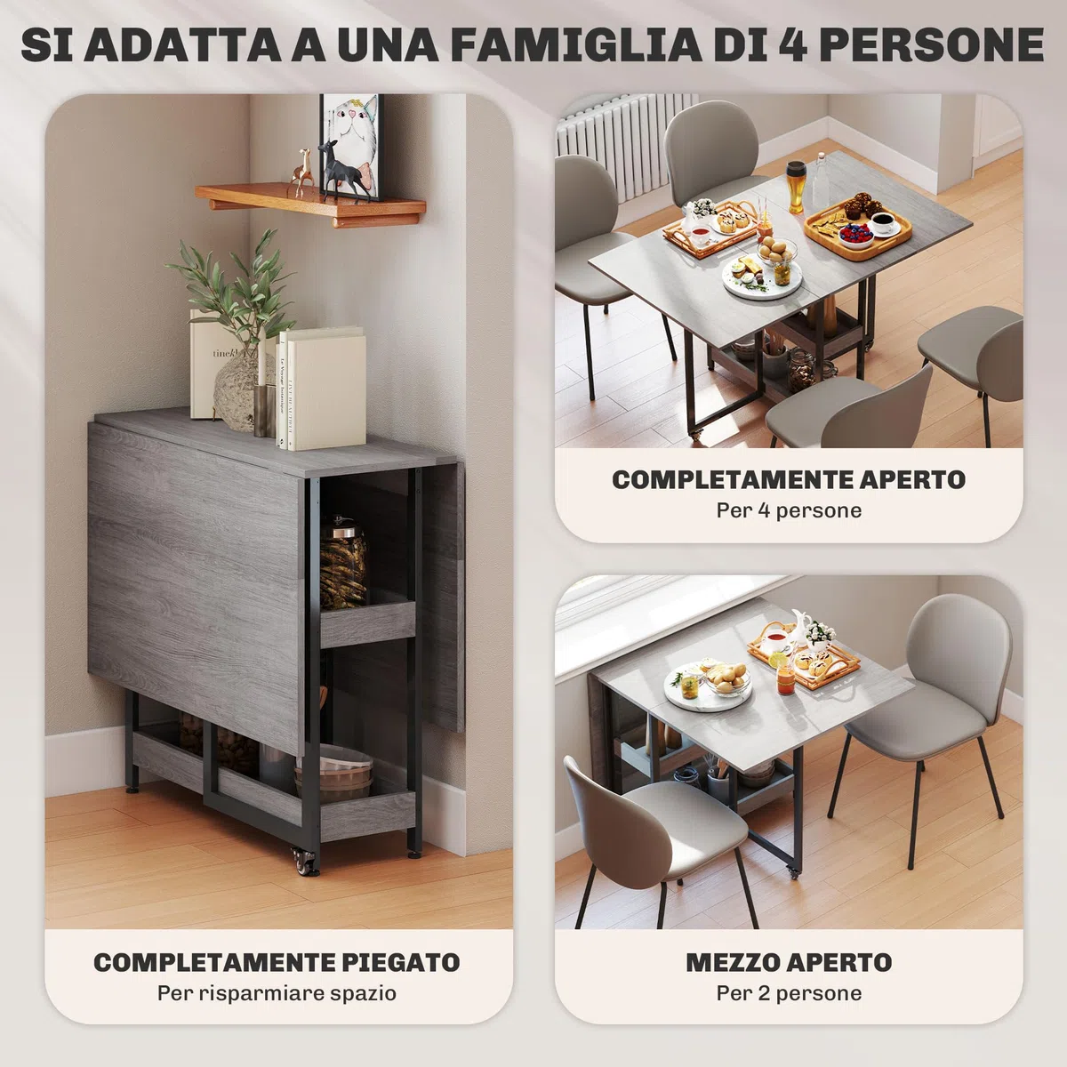 HOMCOM Tavolo da Pranzo Pieghevole, Tavolo Cucina a Ribalta con Ruote per 4 Persone, Scrivania Richiudibile Salvaspazio con 2 Ripiani Aperti, Ideale per Soggiorno, Ufficio, 133.4x80x75 cm, Grigio