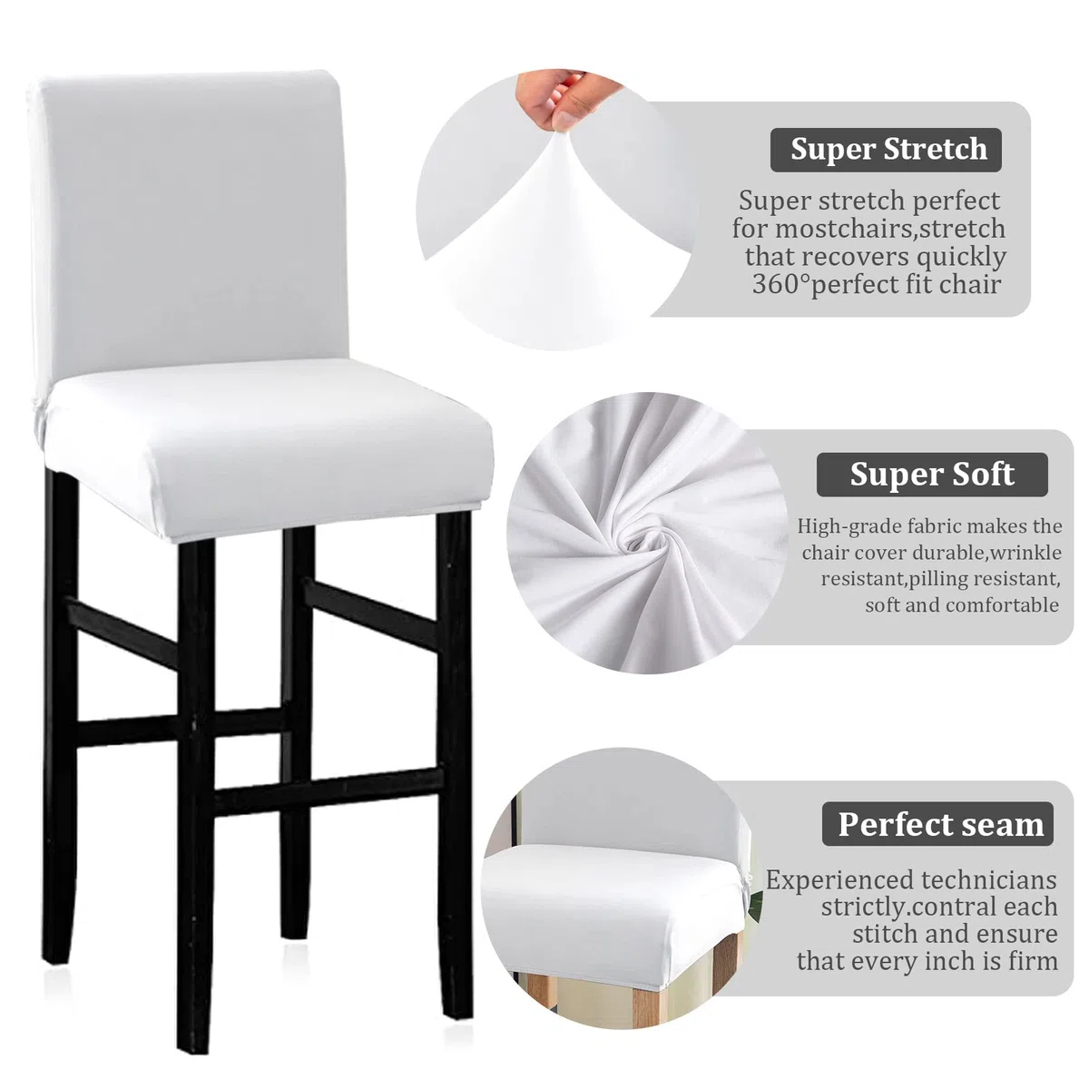 Jaotto Coprisgabelli Cucina con Schienale 4 Pezzi,Fodere Coprisedia Elasticizzati con Schienale Basso Universale,Copertura per Sgabello Alto Quadrato per Bar Caffettiere Bancone(Bianco,4 Pezzi)