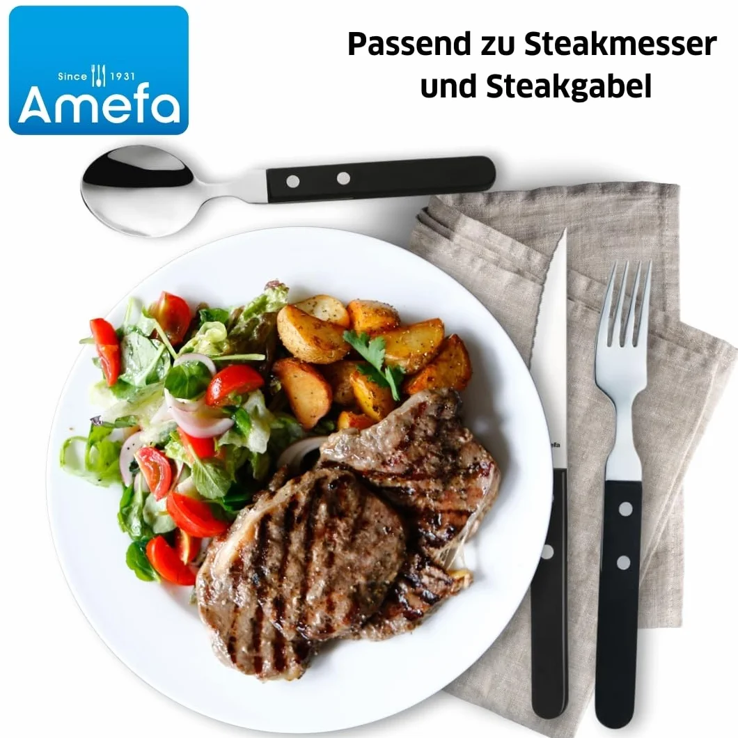 Amefa PIZZA 7000 - Set di cucchiai per pizza/bistecca per 6 persone, manico nero, in acciaio inox 18/0, lucidato e antiruggine, 2 manici rivettati in legno di Pakka, posate da bistecca, set di posate