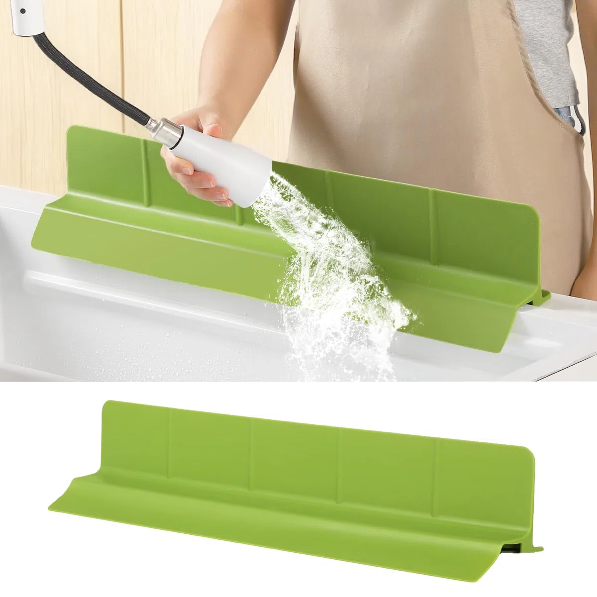 Tappetino antispruzzi in silicone per lavello da cucina, 58 cm, autosvuotante con bordo di protezione alto e 7 forti ventose, per bagno e isola di cucina, verde Matcha