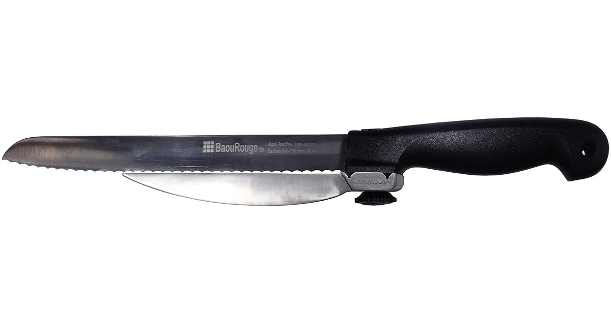 Coltello da cucina con guida di taglio (destro) - 21cm, denti mezza-luna.