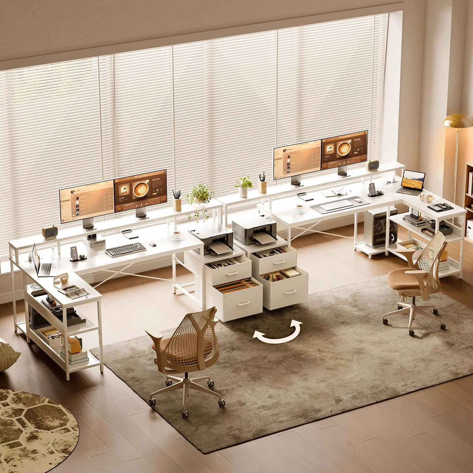 ODK Scrivania con Cassetti, 189.3×100cm Grande Scrivania Angolare Reversibile con 2 Porte di Ricarica USB e 2 Prese di Corrente, Scrivania Gaming per Casa Ufficio, Bianco