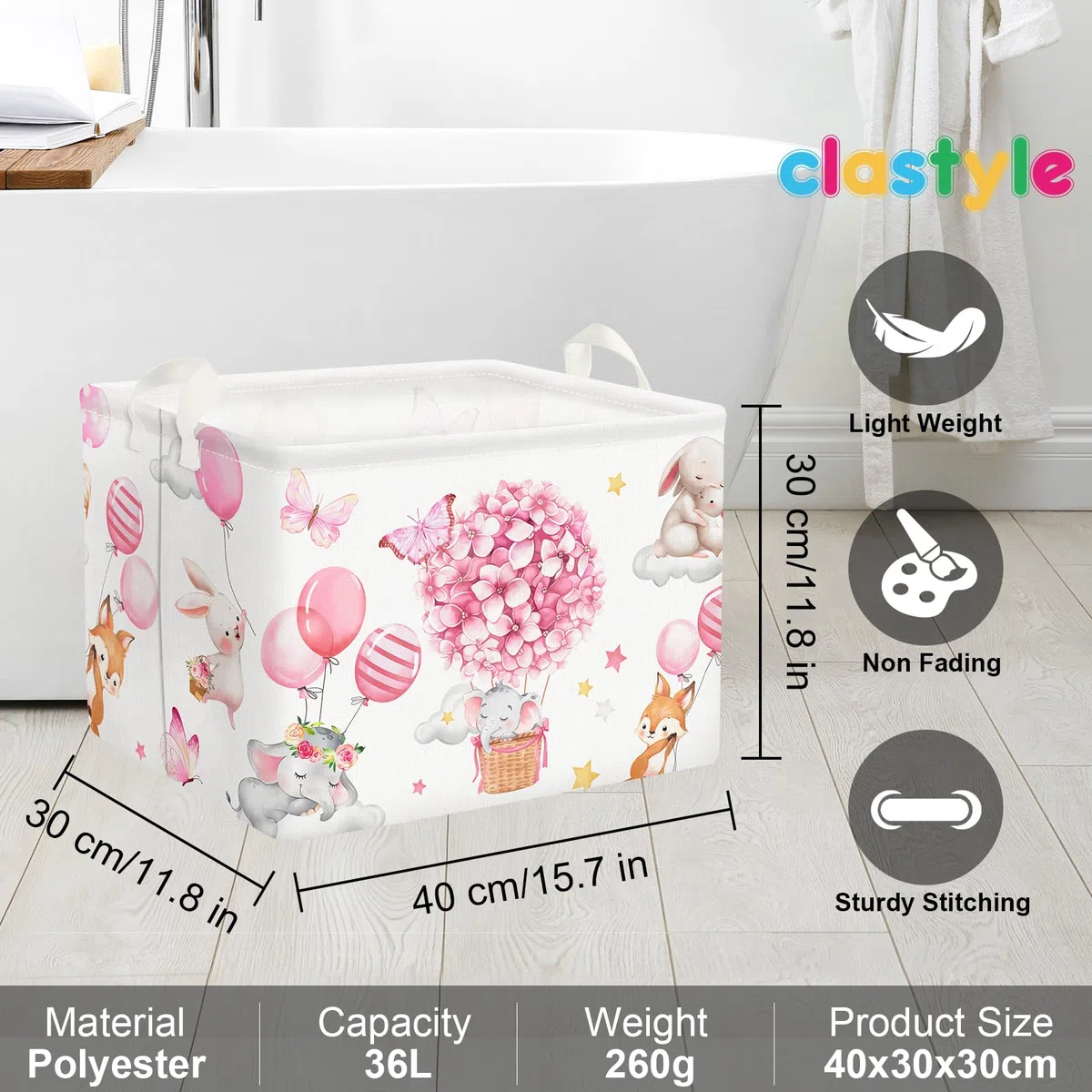Clastyle Cestino Portaoggetti Fiore Rosa Mongolfiera Elefante Che Dorme Ceste per la Biancheria Giocattoli Rettangolare per Camera dei Bambini, 40x30x30 cm