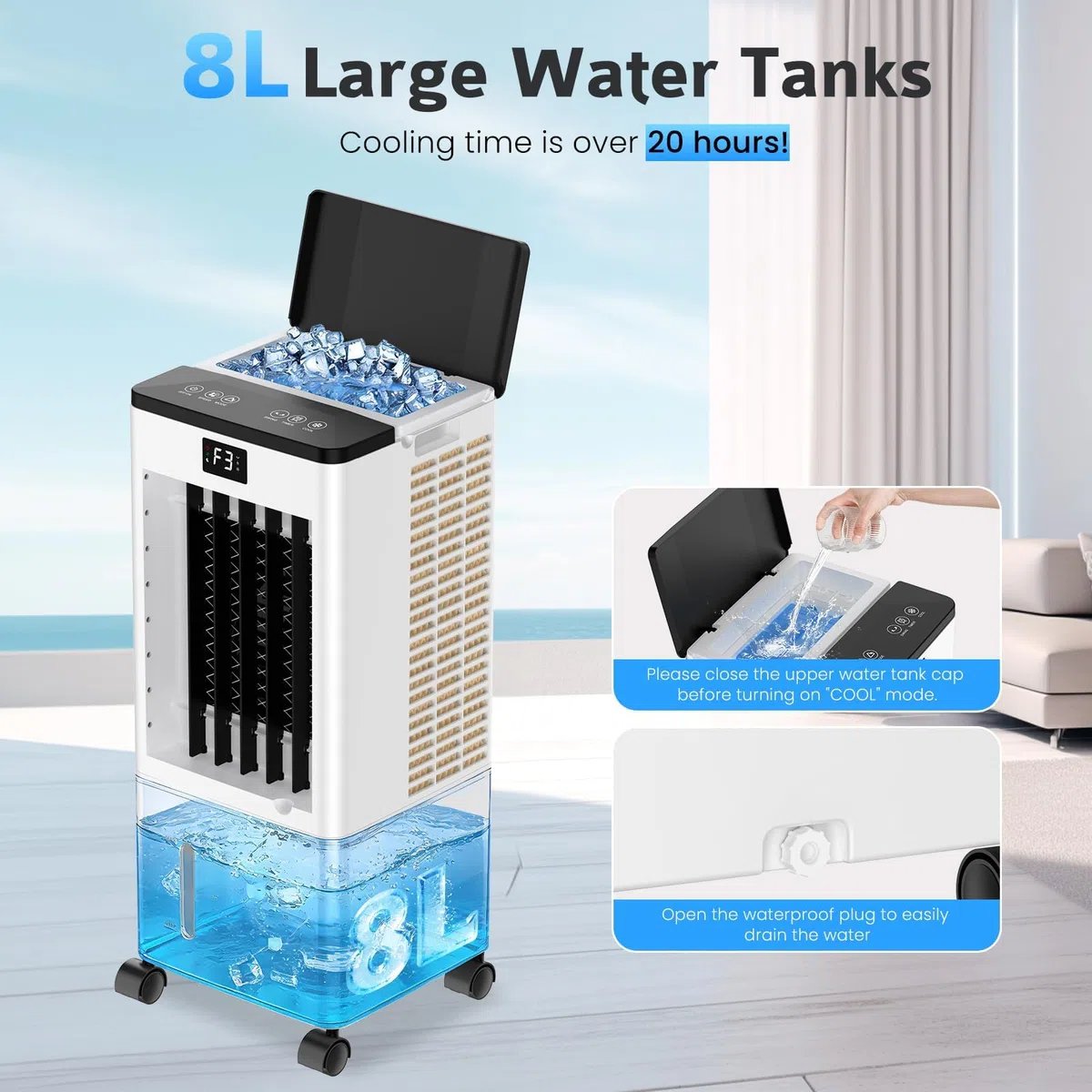 Condizionatore Portatile Senza Tubo, Raffreddatore d’Aria 4 in 1, 4 Modalità 3 Velocità, Climatizzatore Evaporativo 60 W, Timer 1-12 H, con Telecomando, 4 Ruote per Casa e Ufficio