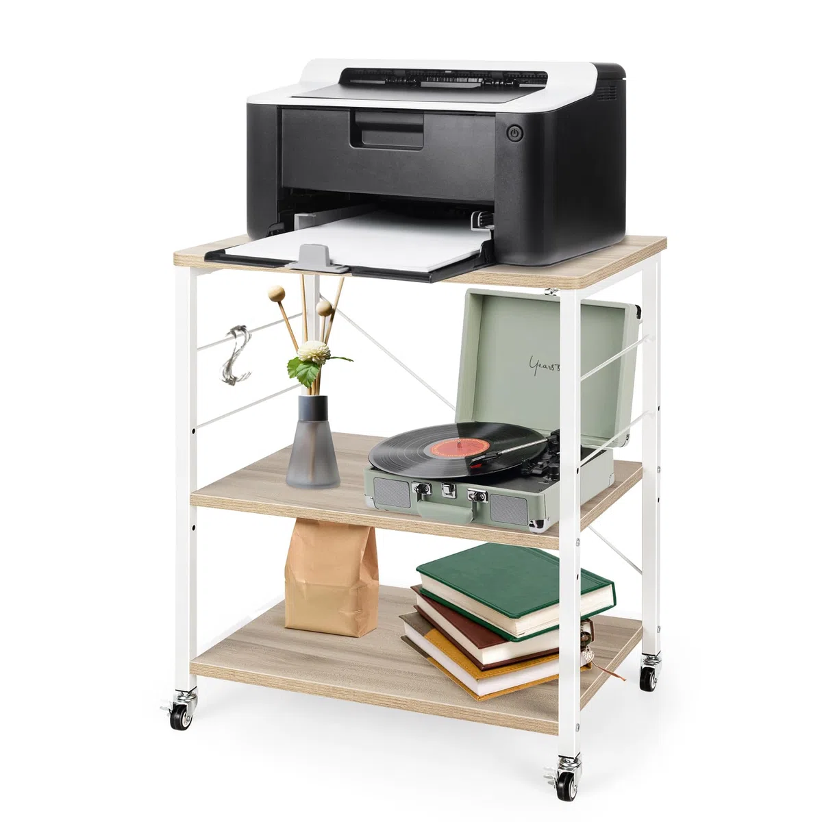 HOMASIS Carrello Porta Stampante a 3 Livelli in Legno, Carrellino con Ruote Portatutto con 10 Ganci, Struttura a X, Ripiani Regolabili 2 Ruote con Freni, Scaffale Multiuso per Ufficio (Beige)