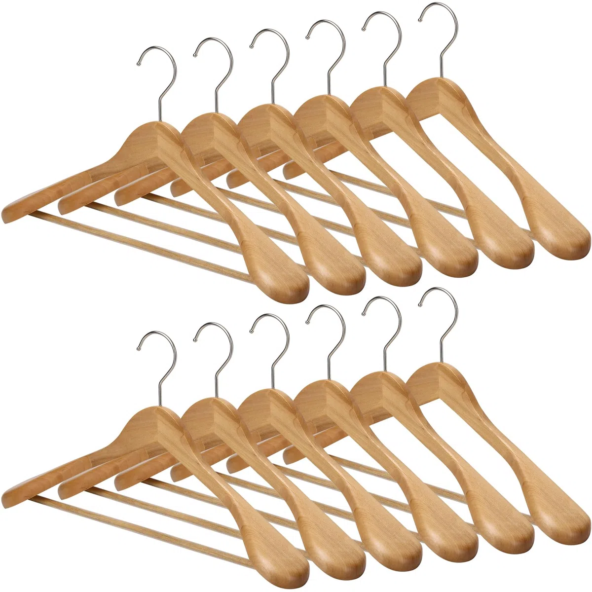MELA'S Wooden Wide Clothes Hanger, Natural Wood, Pack of 12, Non-Slip, for Stable Jacket, Suit, Shirts, Extra Wide Shoulders, Trouser Bars, 45 x 23 x 5.5(Natural)