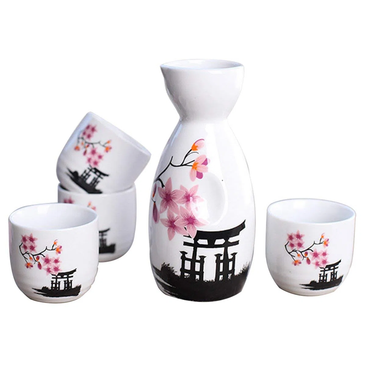 Lawei Set di sake giapponese in ceramica, 5 pezzi, motivo: fiori rosa