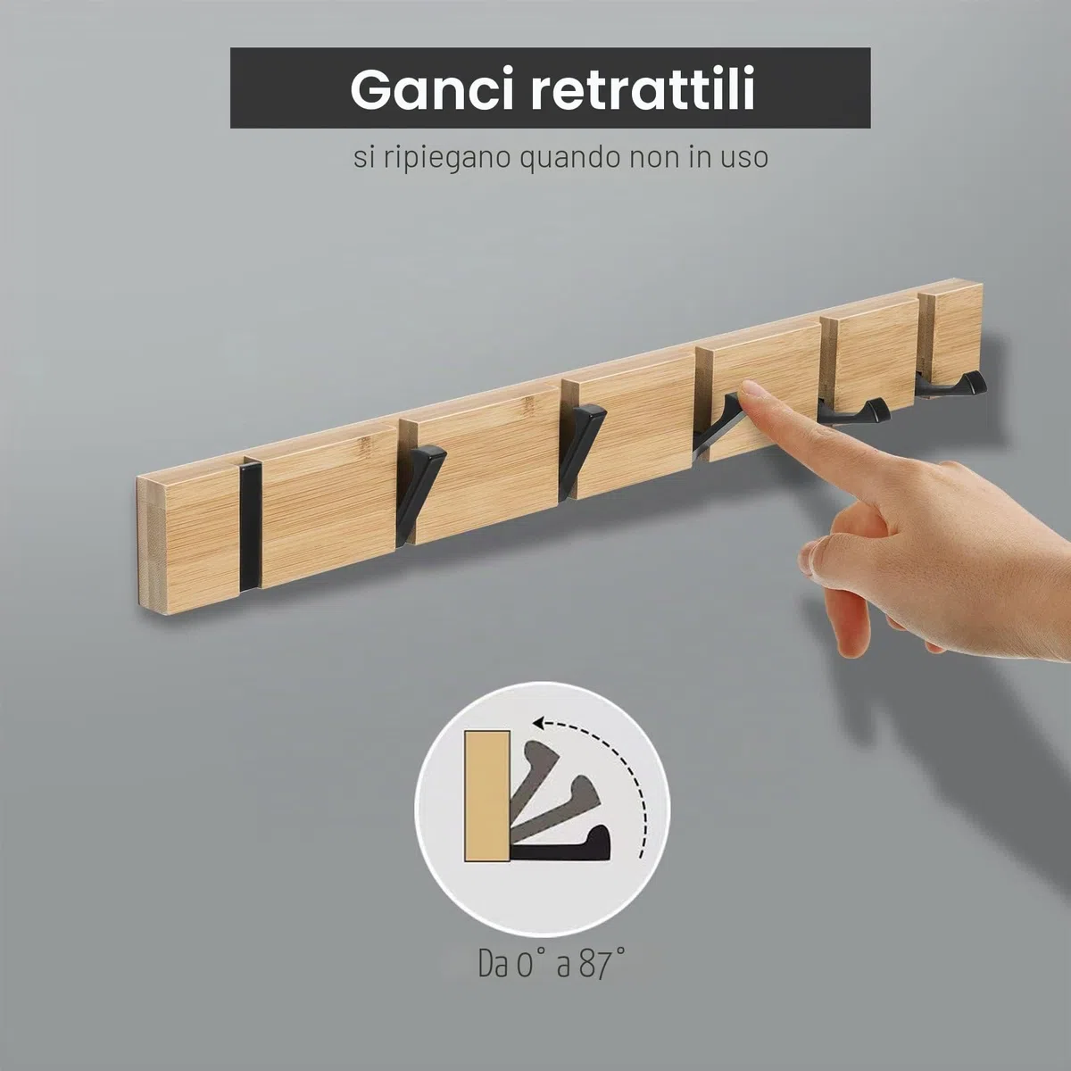 ANVODE Appendiabiti da Parete con 6 Ganci Retrattili Attaccapanni Cappotto da Muro Legno
