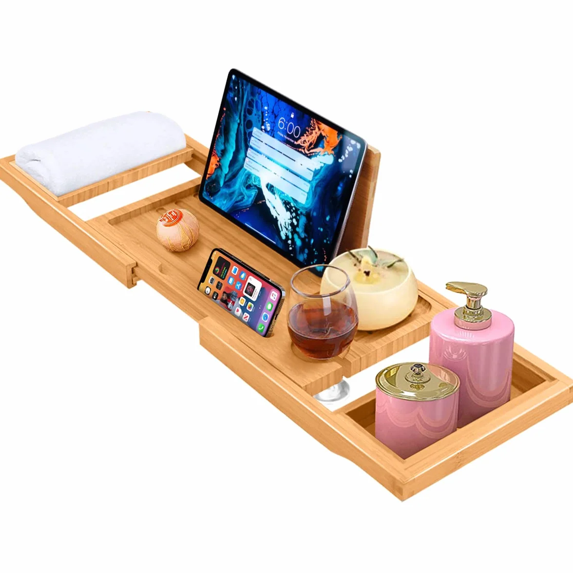 ADOV Vassoio da bagno estensibile in legno di bambù con supporto integrato per libri, telefono, tablet, candele, sapone, asciugamani, bicchieri da vino, regolabile, adatto alla maggior parte delle